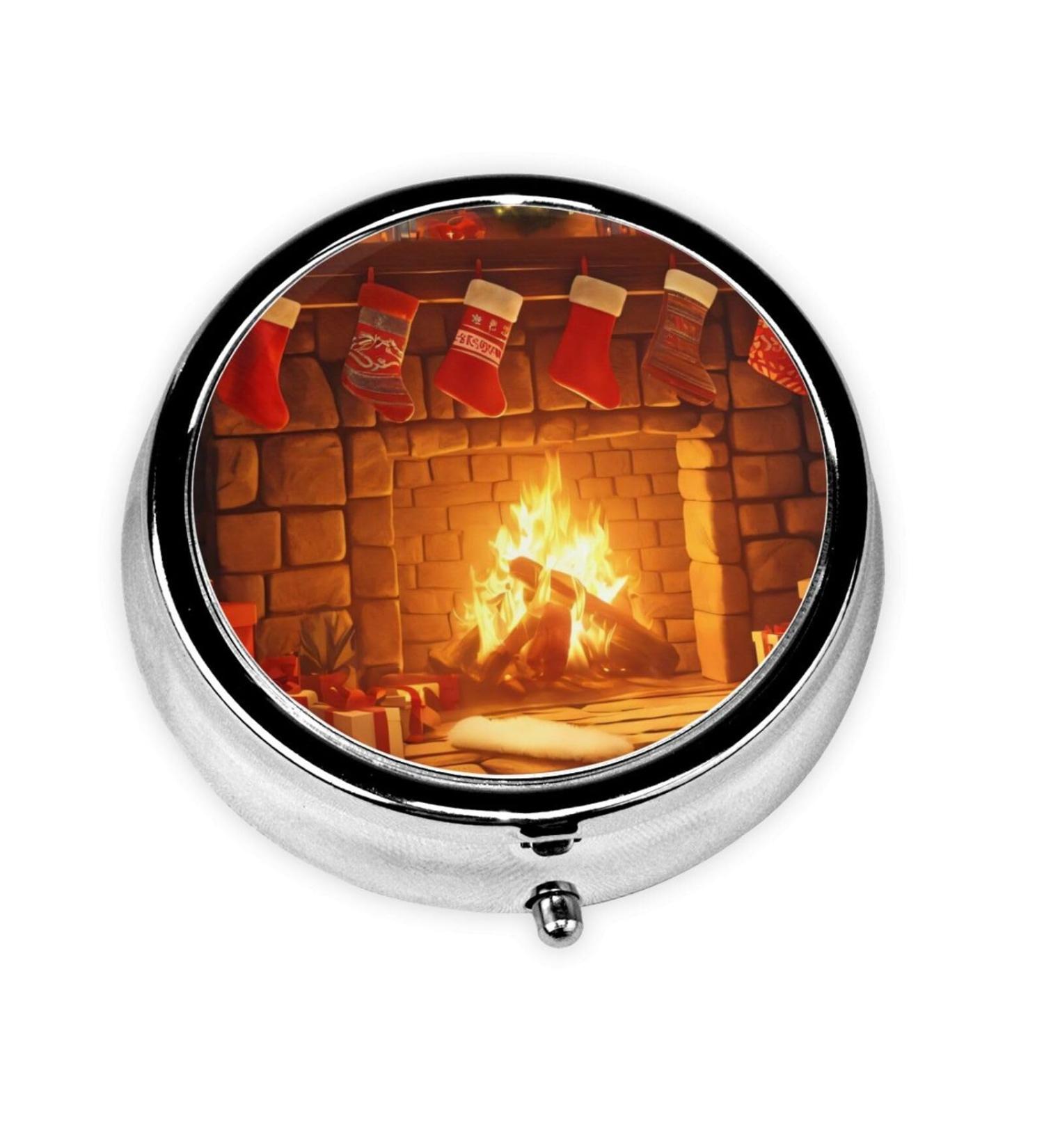 Warm Christmas Portable Metal Pill Box - Round Mini 3-Compartment Hinged Fastening - Perfect for Small Pills & Travel - Black - Buy Online on GoSupps.com