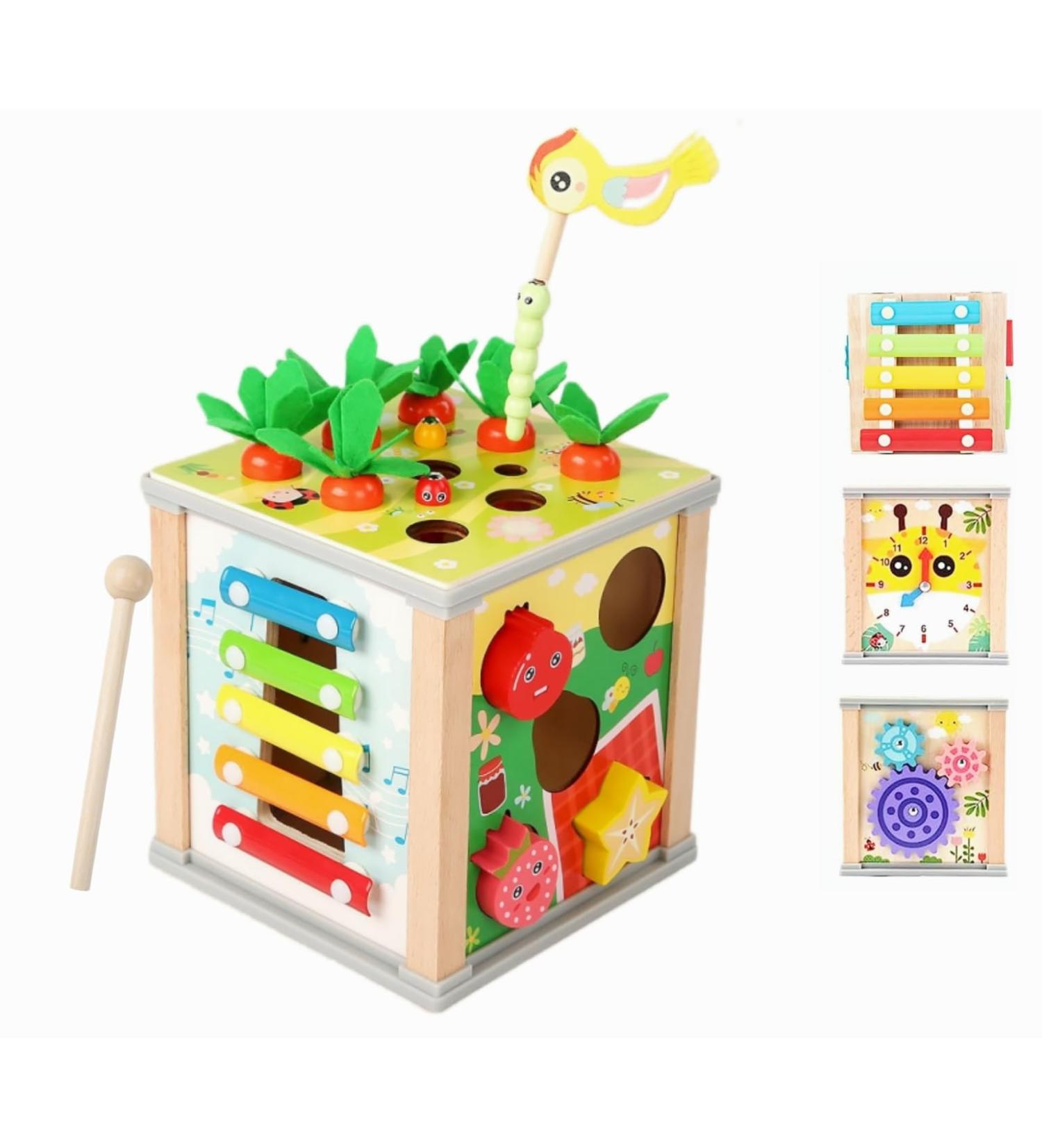 Newyeeca 6-in-1 Wooden Montessori Motor Cube Activity Center - Carrot Harvest Toy for Toddler Motor Skills Development - Buy Online on GoSupps.com