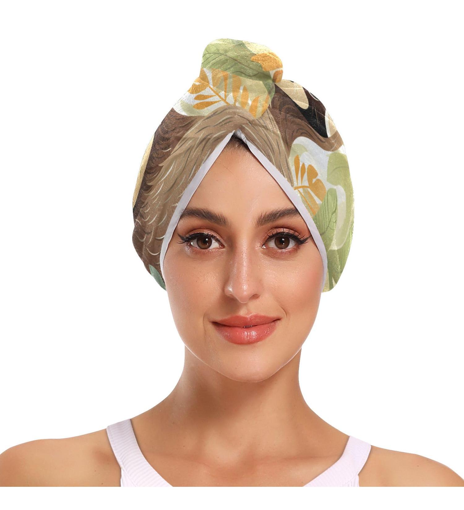 Sloth Leaves Hair Towel 2 Pack - Super Absorbent Quick Dry Hair Turbans for Women & Girls | Perfect Head Towel with Button Twisty Wrap - Buy Online on GoSupps.com