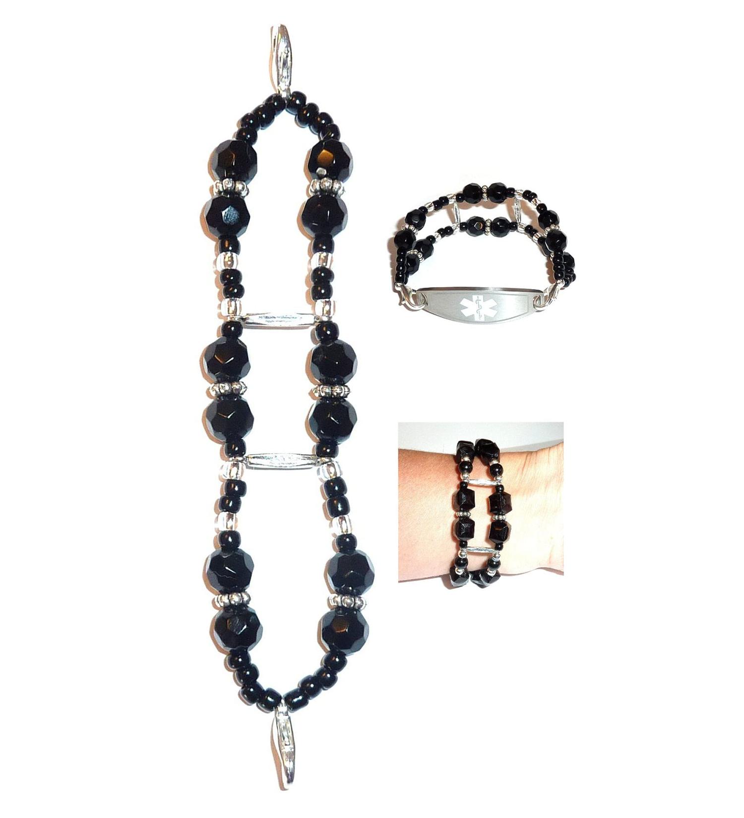 Hidden Hollow Beads Women's Medical Alert ID Bracelet - Interchangeable Black Stretchy Double Band with Vital Info Tag - Buy Online on GoSupps.com