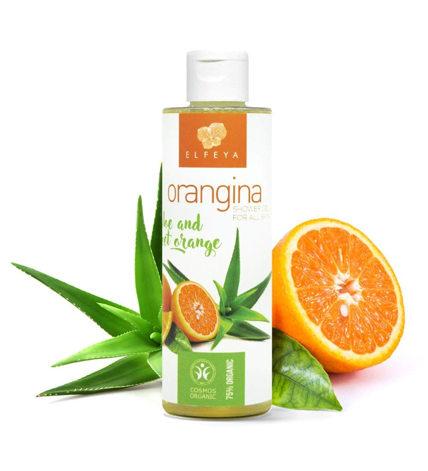 Elfeya Cosmetics Orangina - 75% Organic Body Wash For Women and Men. With Aloe Vera And Sweet Orange Essential Oil. High Efficacy Hygiene Soothing And Hydrating Skin Care Shower Gel - 200 ml