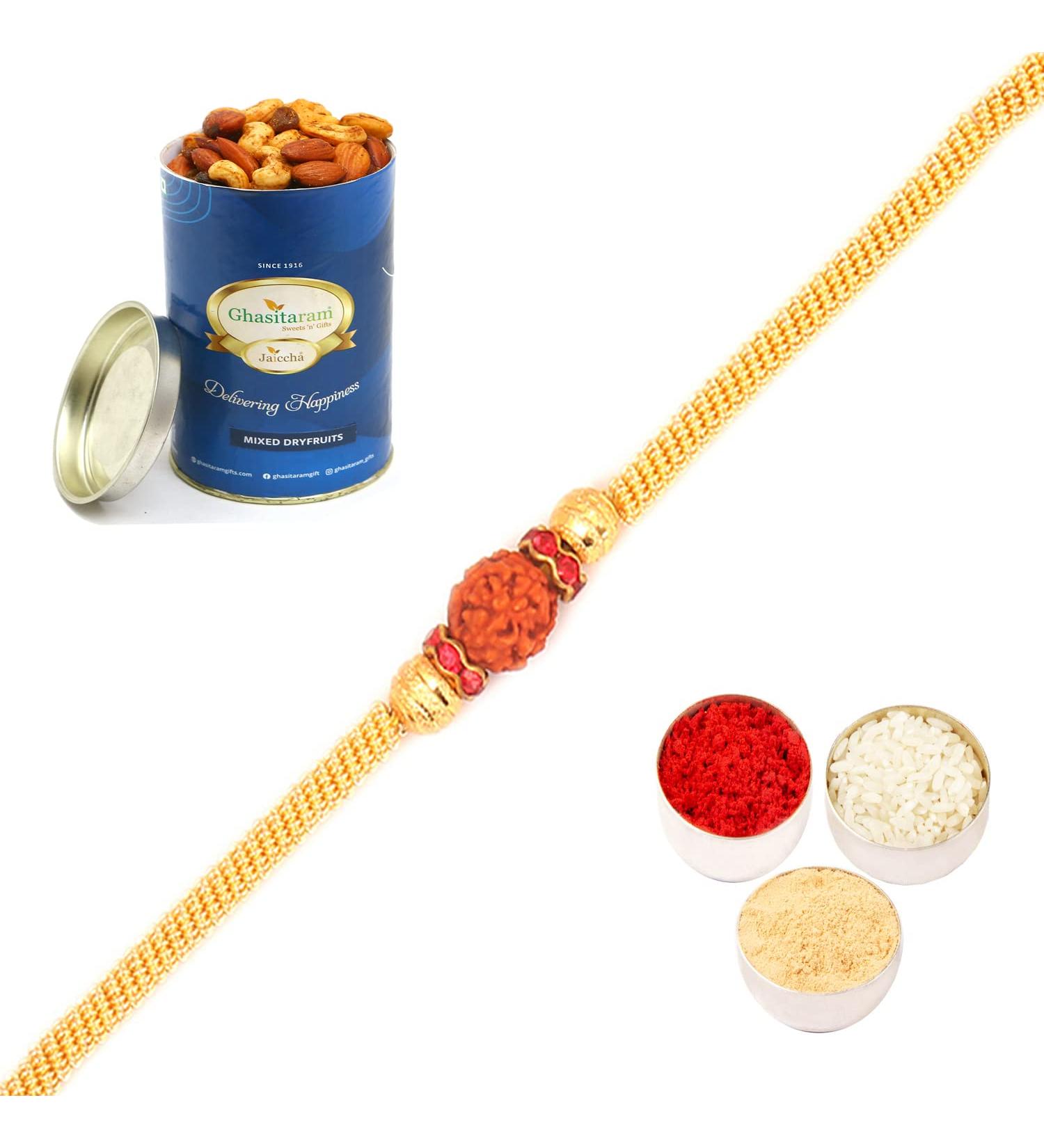 Ghasitaram Gifts Rakhi for Brother Rakhis Online - R50016 - Bracelet Rakhi with 100 GMS of Dryfruits Mix Can Rakhi Set with 100 gms of Dryfruits Mix Can - Buy Online on GoSupps.com