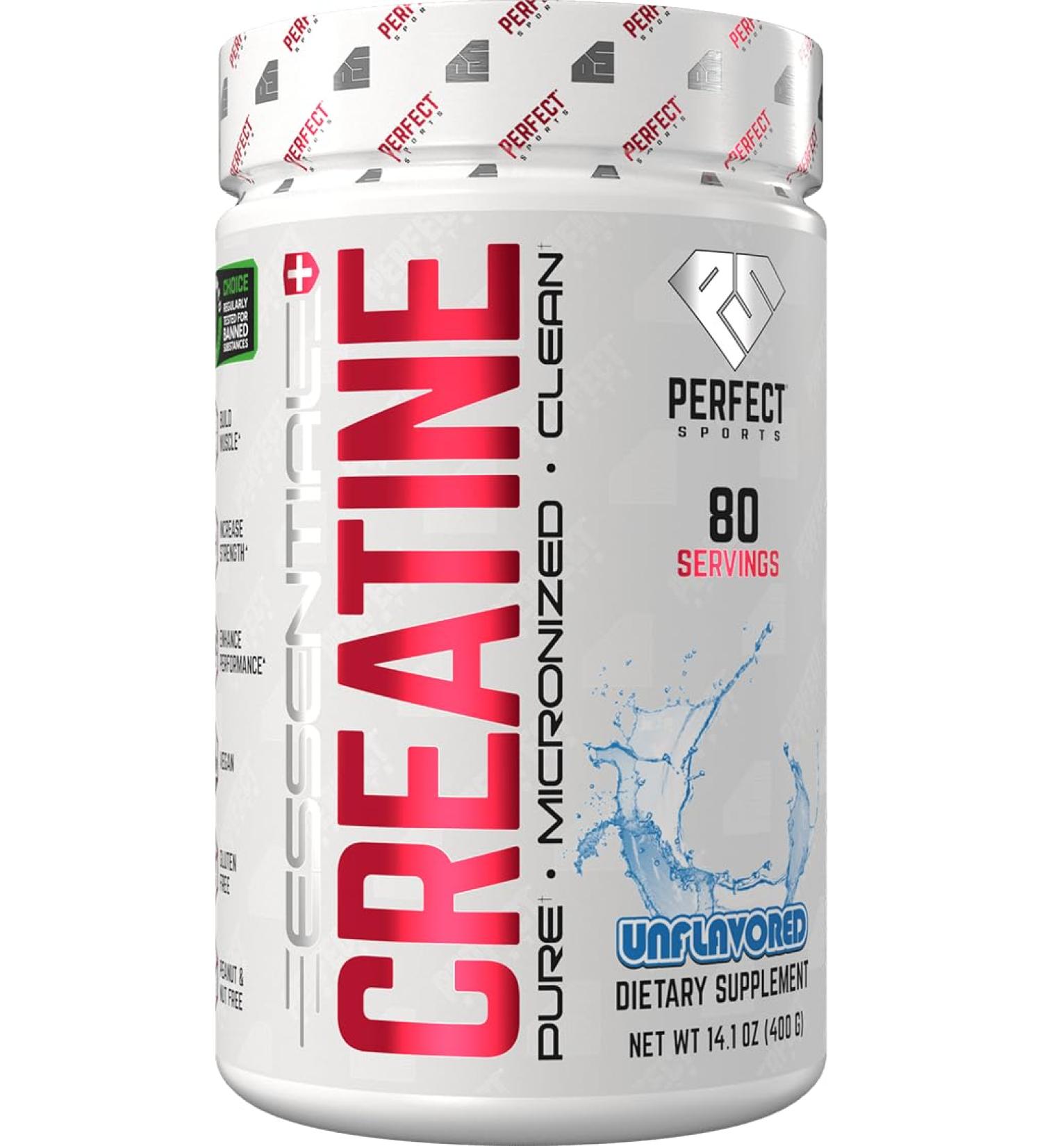 PERFECT SPORTS Essential Creatine | Pure Micronized Creatine Monohydrate | Vegan Friendly Gluten Free | Muscle Build & Performance | 80 Servings (Unflavored) 14.1 Ounce (Pack of 1)