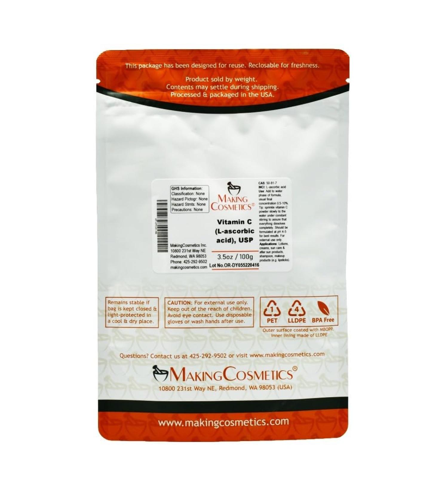 MakingCosmetics - Vitamin C Powder USP-Grade (L-ascorbic Acid) - 3.5oz / 100g - Cosmetic Ingredient