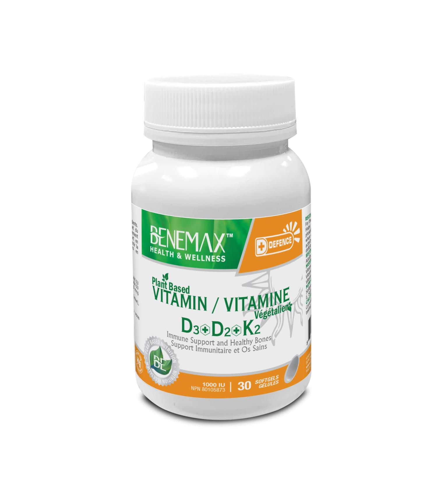 Benemax High-Potency Plant-Based Vitamin D3 + D2 + K2 (500IU + 500IU - 120mcg) Supports Bone Teeth & Heart Health. Natural Immune Support. 30 Easy to Swallow Capsules. Made in Canada! - Buy Online on GoSupps.com