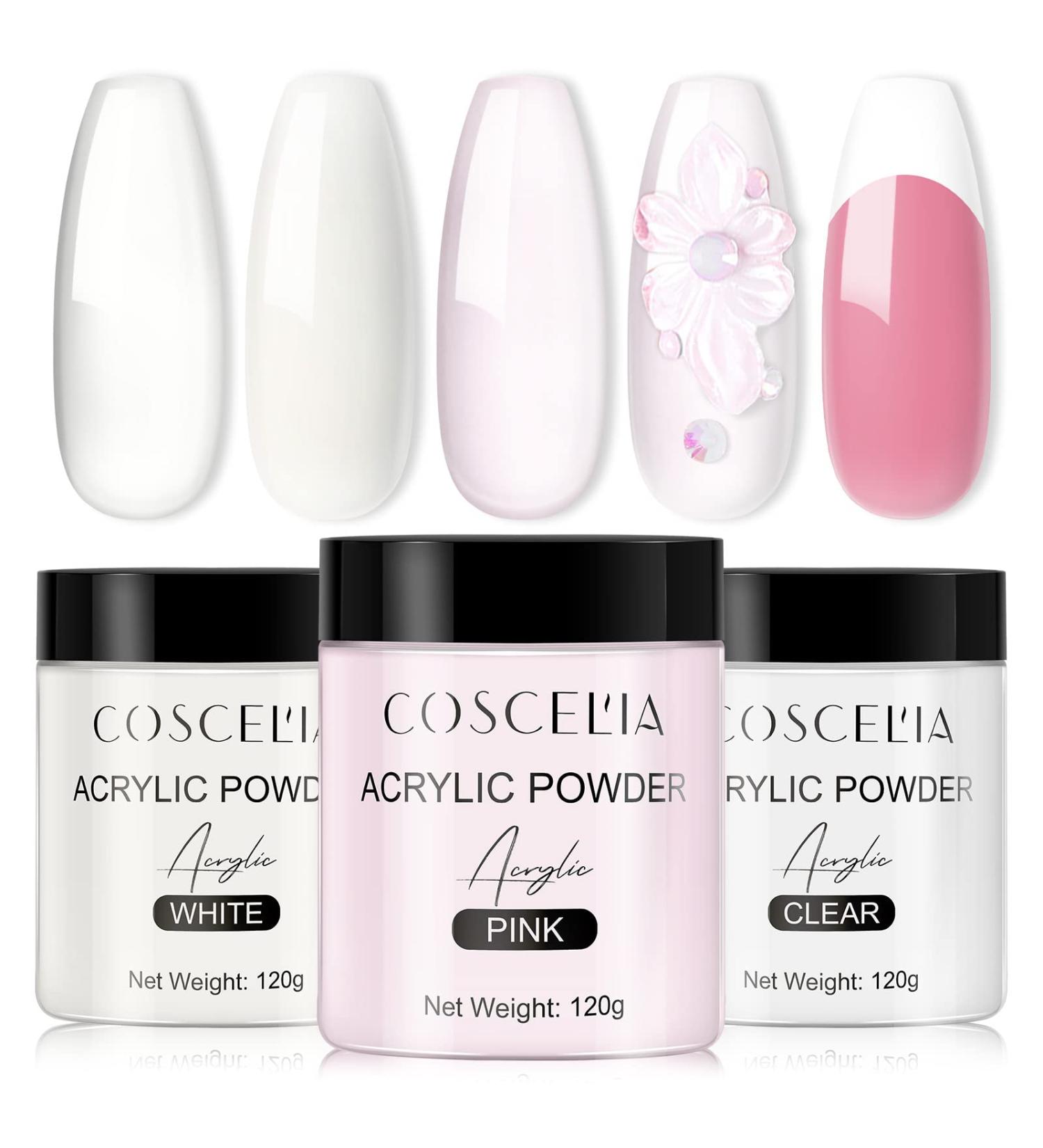 COSCELIA Acrylic Powder Set - 3 Colors 120G White Pink Clear for Nails Extension & 3D Carving - Home Salon Kit - Buy Online on GoSupps.com