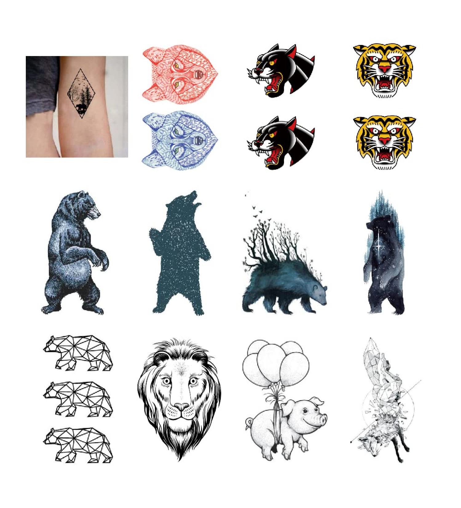 SanerLian Bear Geometric Temporary Tattoo Sticker Set of 12 | Watercolor Waterproof Body Art for Men and Women | Hand Arm 10.5X6cm - Buy Online on GoSupps.com