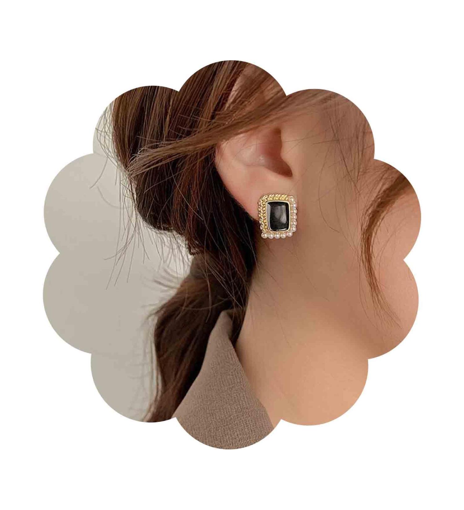 Vintage Black Square Earrings | Onyx & Enamel Studs | Elegant Pearl Jewelry for Women - Buy Online on GoSupps.com