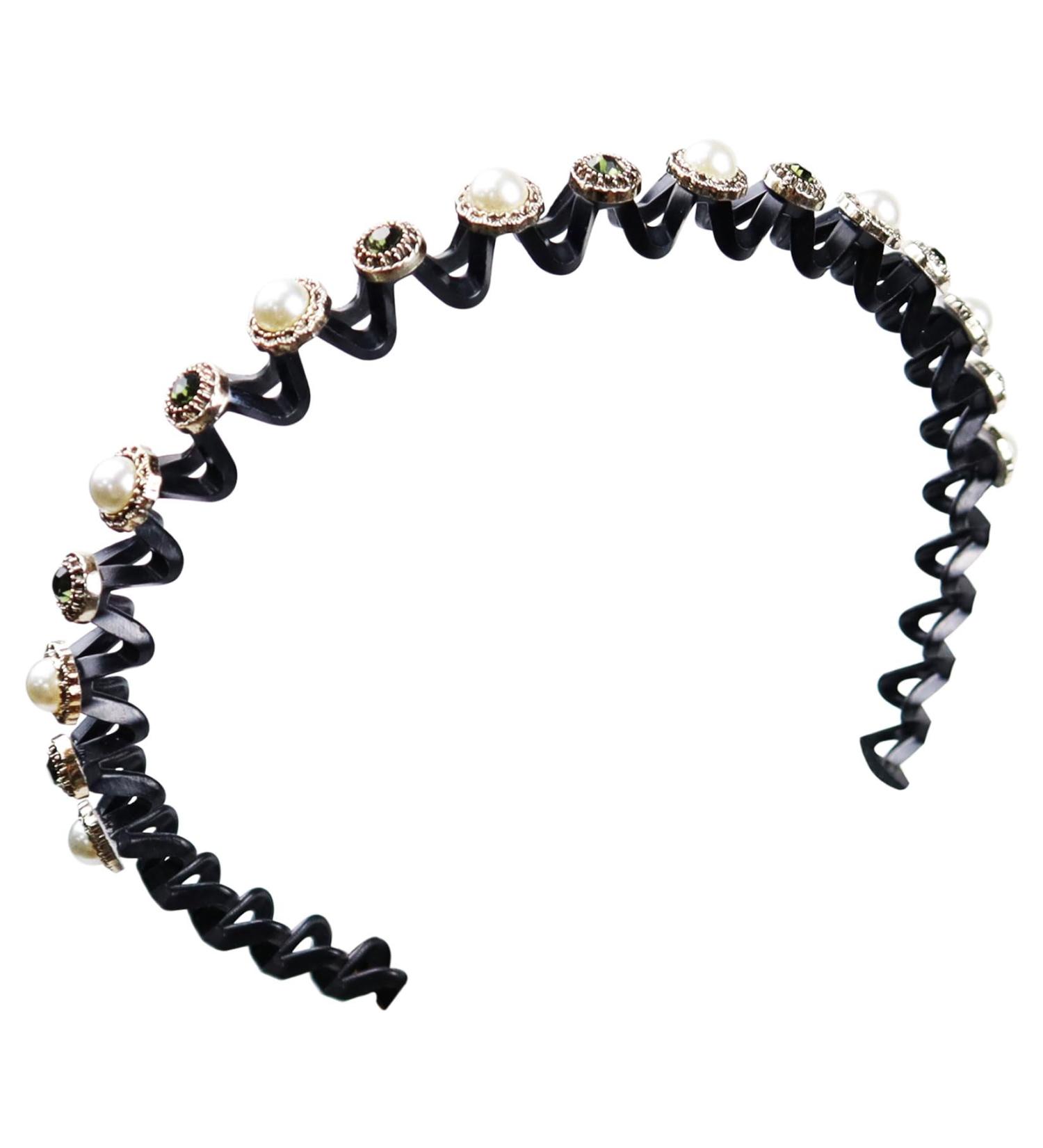 Faux Pearl and Rhinestone Headband Wavy Plastic Hairband Stretchy Beaded Hair Hoops for Women Girls Hair Styling Accessories - Buy Online on GoSupps.com