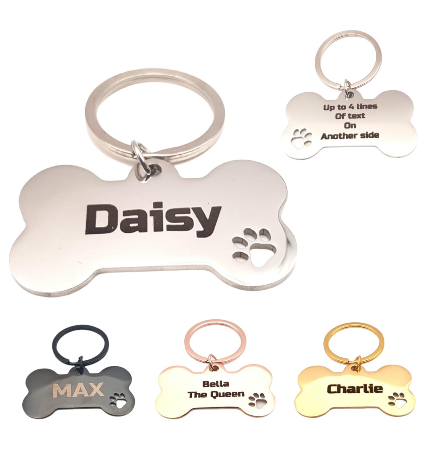 Personalised Engraved Stainless Steel Dog Tag ID - Bone with Paw - Choose Size - Choose Colour
