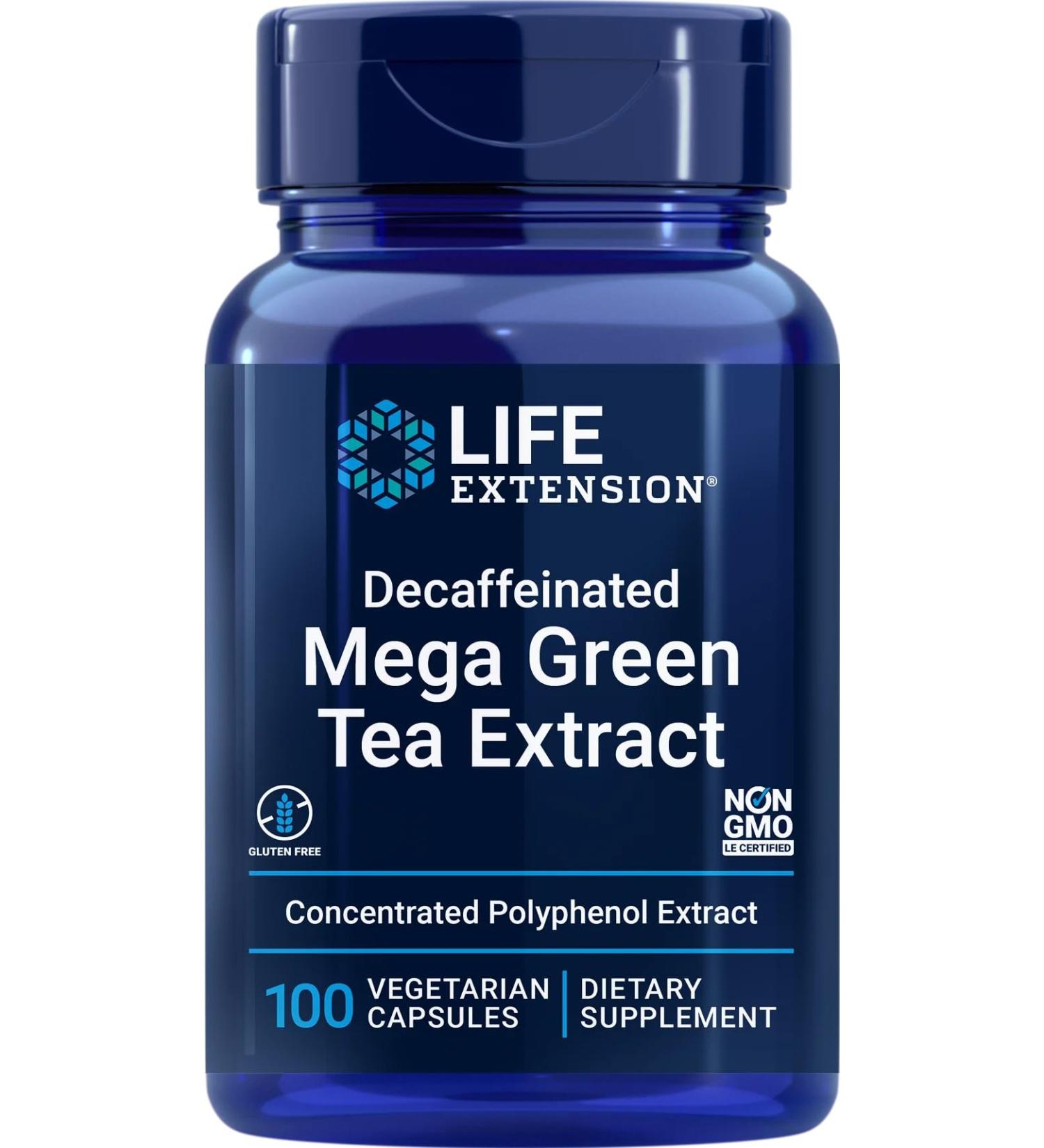 Life Extension Mega Green Tea Extract 725mg Decaffeinated - 100 Vegan Capsules | Lab-Tested, Vegetarian, Gluten-Free, Soy-Free, Non-GMO - Buy Online on GoSupps.com