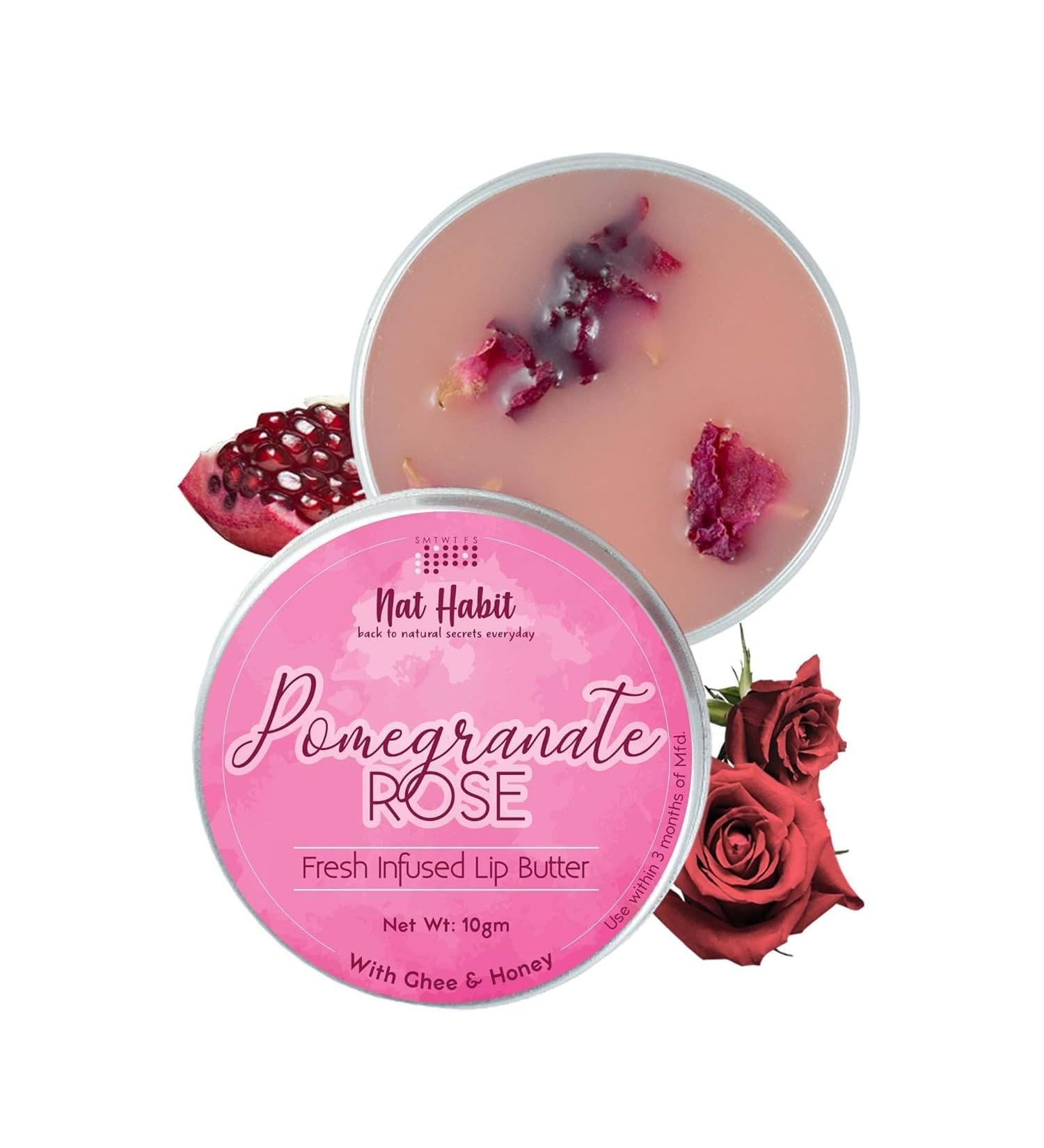 Pomegranate Rose Lip Balm - Natural Ayurvedic Lip Mask for Dry Chapped Lips | Unisex Kitchenmade with Desi Ghee Raw Honey & Vitamin E - 10gm - Buy Online on GoSupps.com