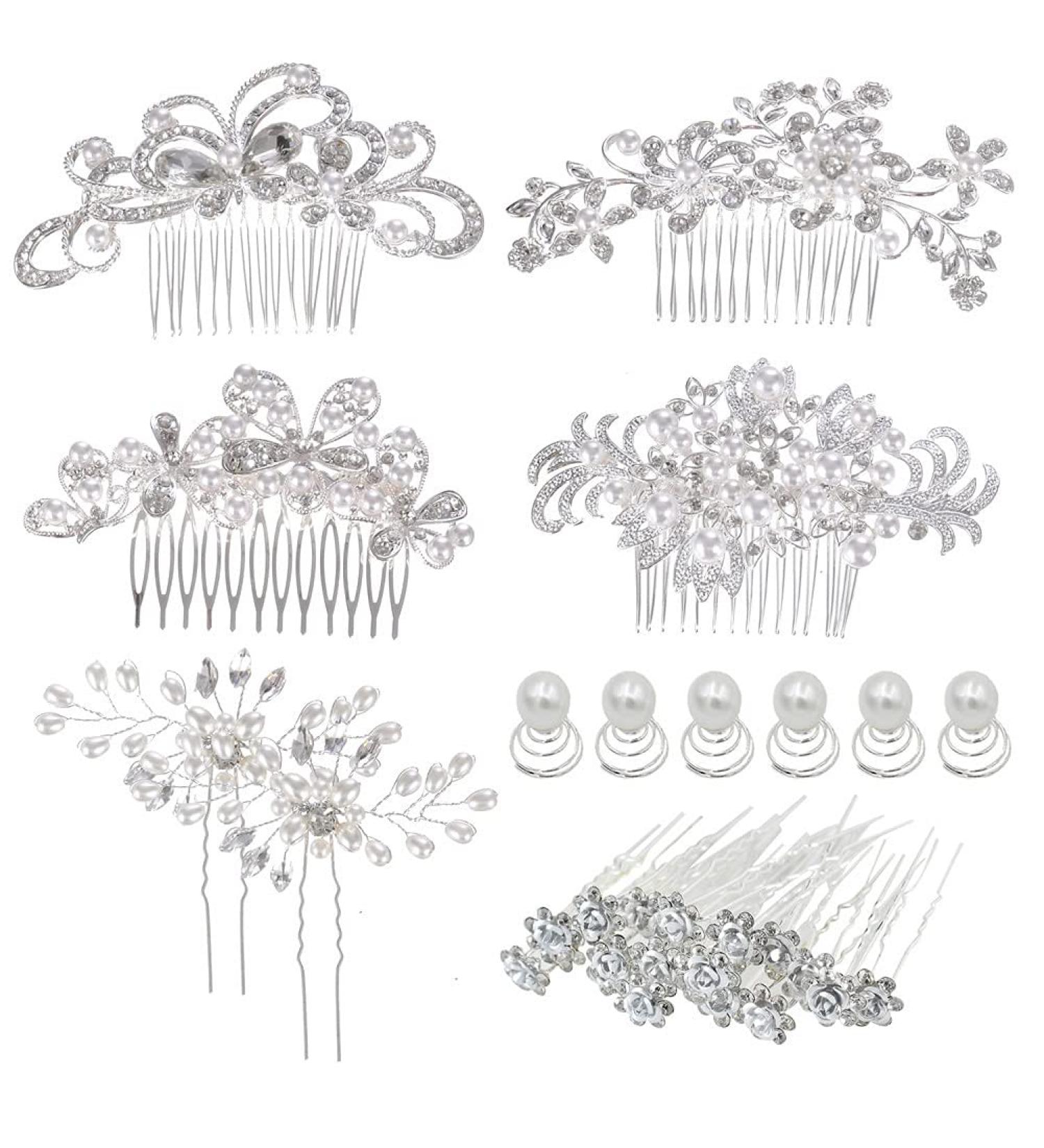 inSowni 32 Pack Silver Wedding Hair Combs & Pins Set with Rhinestone Pearls - Bridal Accessories for Women, Girls, Brides, Bridesmaids - Buy Online on GoSupps.com