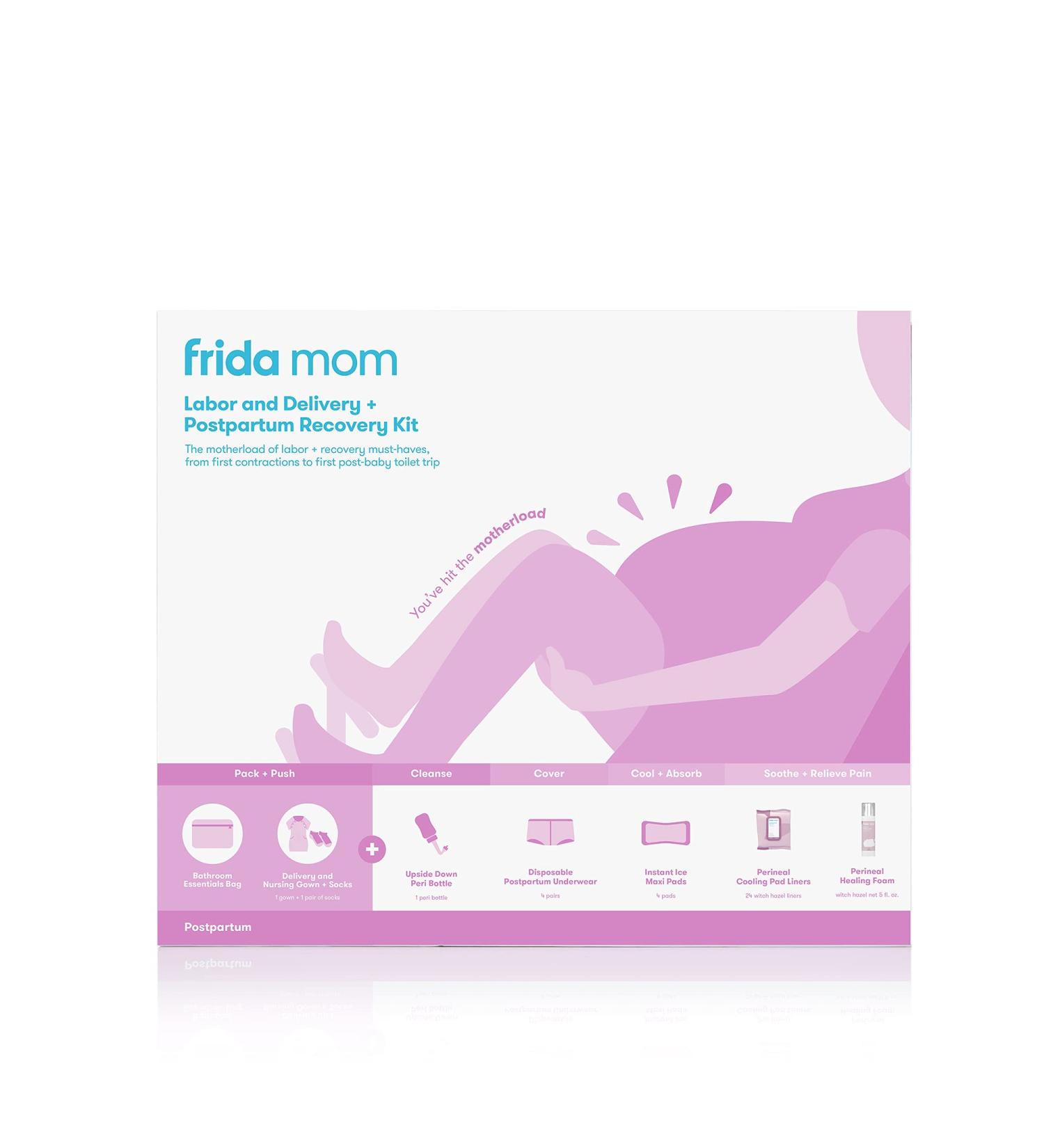 Frida Mom Hospital Packing Kit for Labor, Delivery & Postpartum - Nursing Gown, Socks, Peri Bottle, Disposable Underwear, and More (15-Piece Gift Set) - Buy Online on GoSupps.com