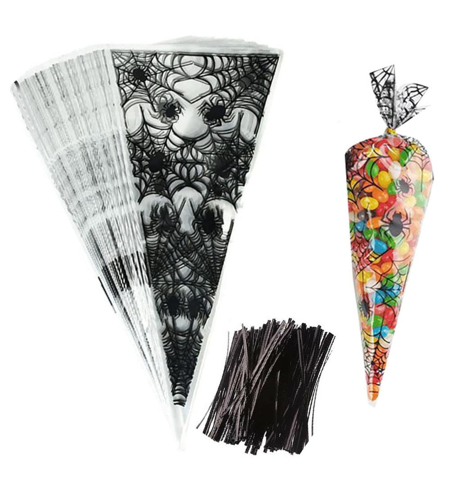 VDL Pack of 25 Halloween Sweet Cones 17x33cm Spiderweb Themed Clear Treat Bags with Twist Ties - Buy Online on GoSupps.com