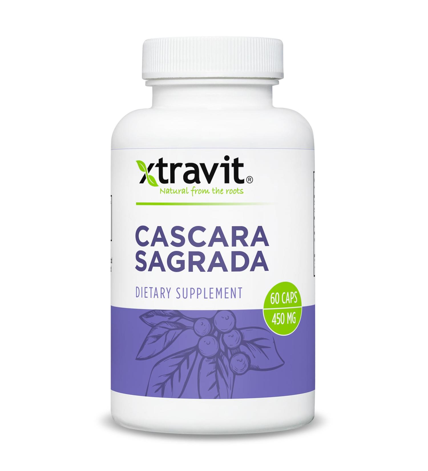 Xtravit Cascara Sagrada Supplement Fast Acting Natural Herbal Laxative Supplements for Men & Women - Ease Constipation & Promote Regularity - Gentle Vegan Non-GMO Gluten-Free 450mg 60 Capsules - Buy Online on GoSupps.com