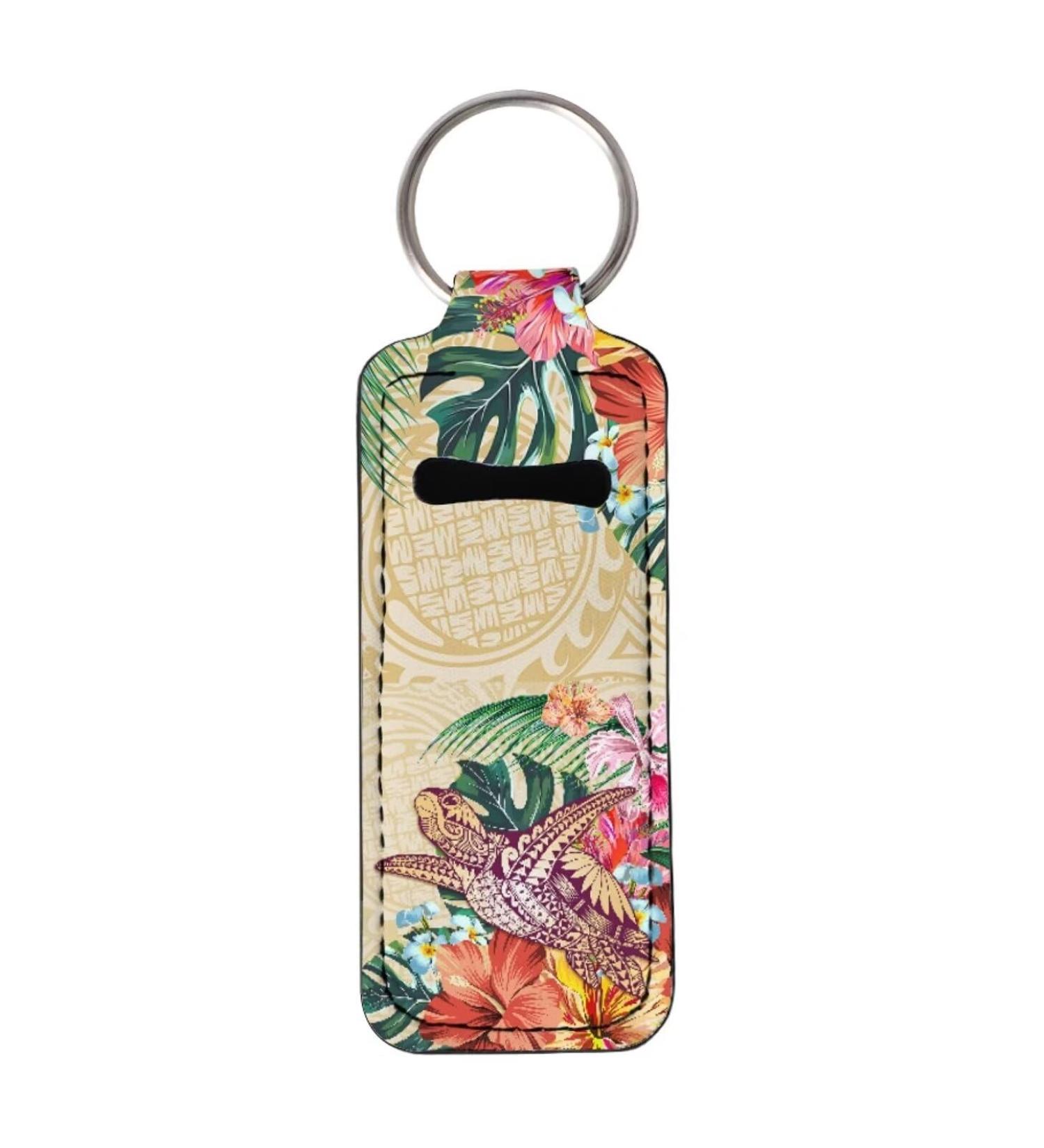 Tropical Floral Polynesian Turtle Lip Gloss Holder Keychain | Neoprene Chapstick Sleeve - Shop Internationally - Buy Online on GoSupps.com
