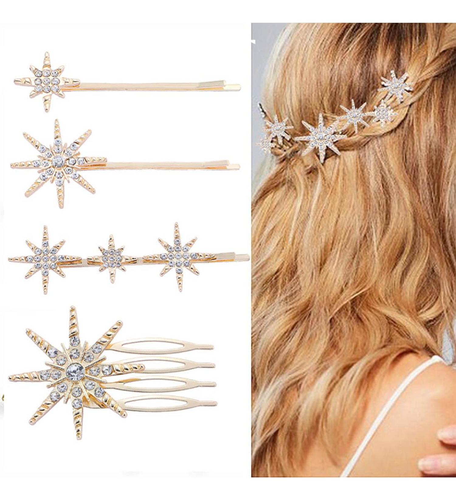 Jascatin Star Hair Clip Accessories Rhinestone Headdress Headwear Bobby Pins Side Clamps Grips for Women Girls Thick Thin Hair 4 Pieces (Gold) - Buy Online on GoSupps.com