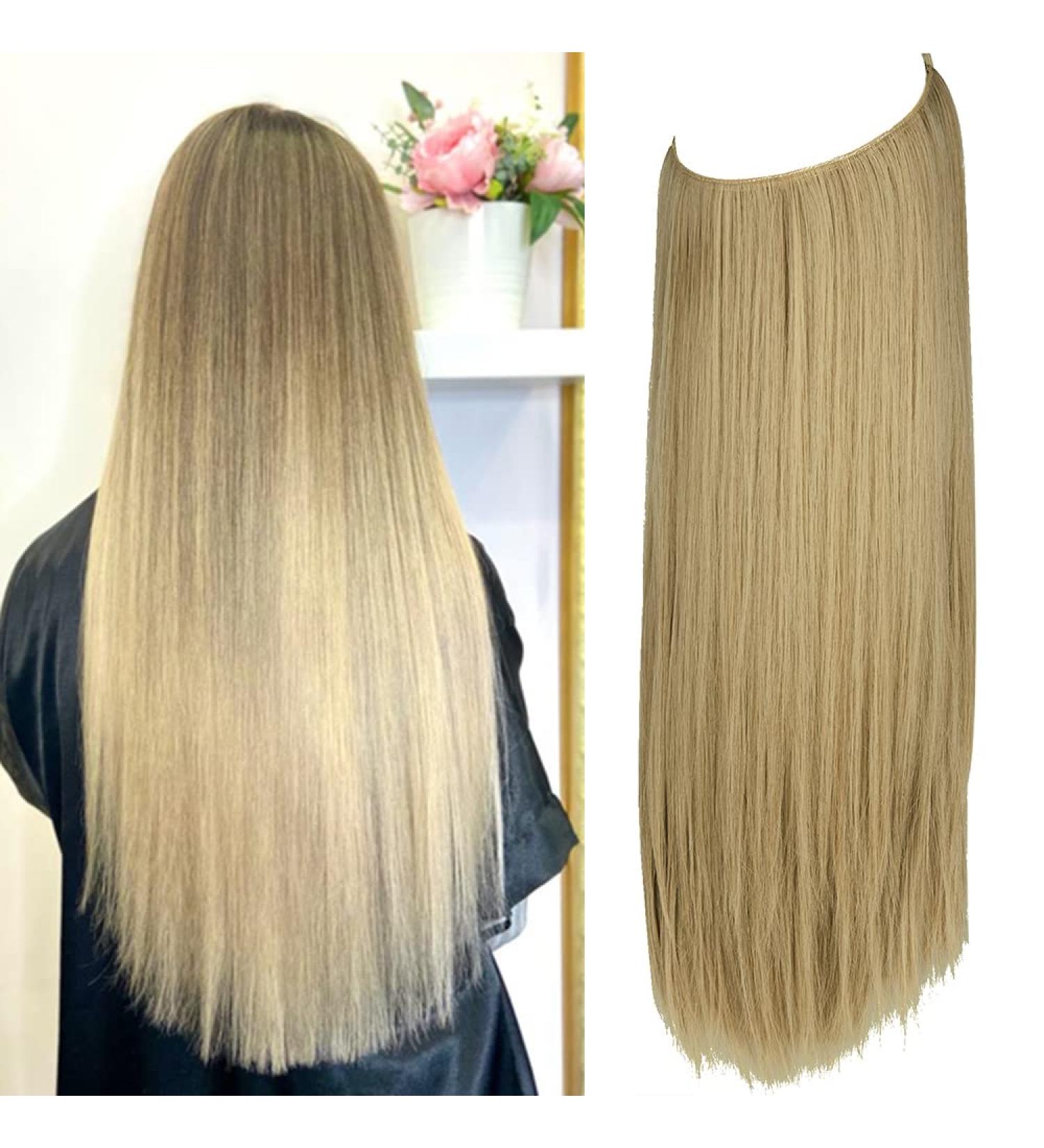 22 Halo Hair Extensions in Straight Light Ash Blonde & Bleach Blonde - Heat Friendly Synthetic Hairpieces | No Clip Headband for Women by OMGREAT - Buy Online on GoSupps.com
