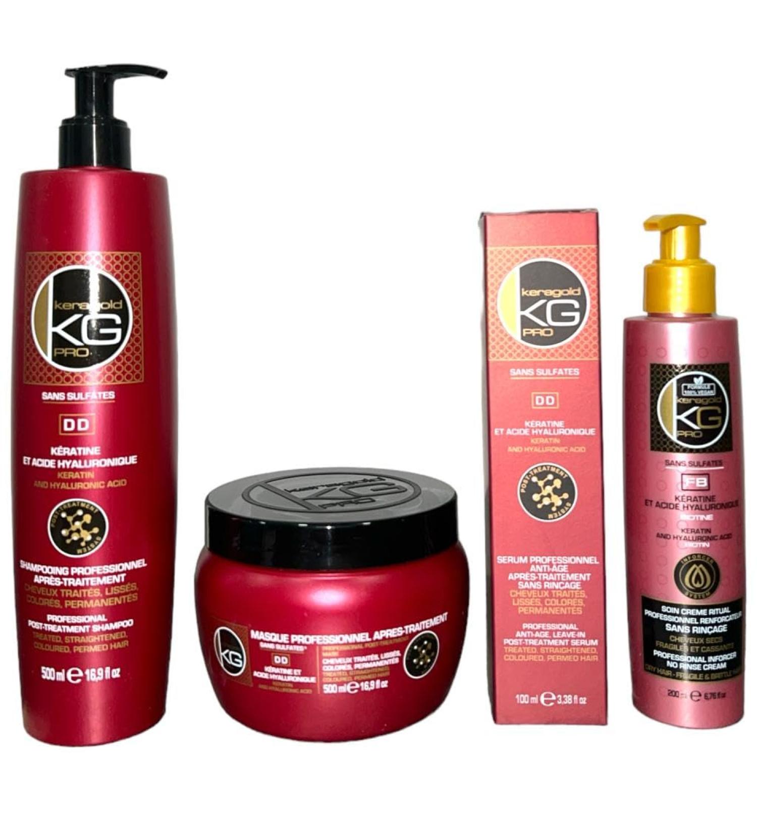 KERAGOLD PRO - Ultimate Premium Pack 4 products - Sulfate-free Shampoo 500ml + mask 500ml + serum 100ml + Leave-in treatment (KG DD KERATIN & HYALURONIC ACID)