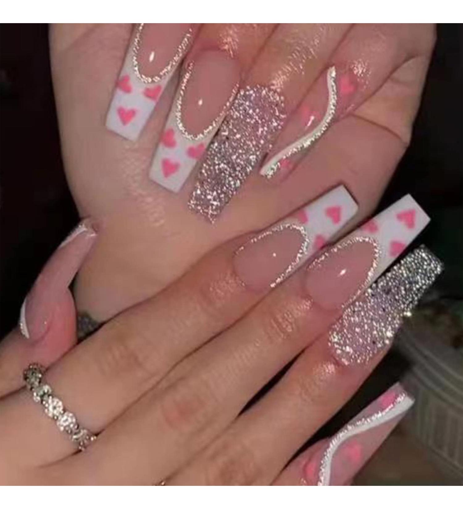 Luvadeyo 24pcs Coffin Long Press on Nails - Shiny Full Cover Pink Heart Acrylic Fake Nails for Women & Girls - Buy Online on GoSupps.com