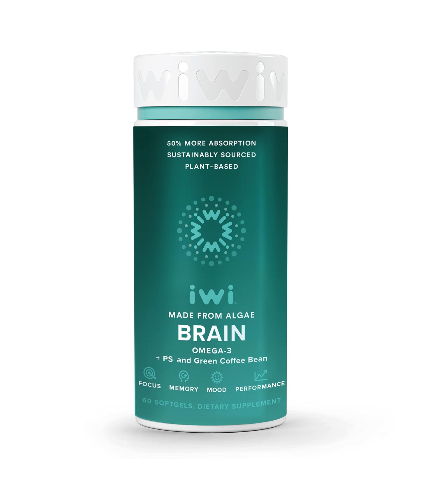 iwi Brain Booster: Mental Sharpness & Cognitive Wellness | Vegan Algae Omega 3 + PS, Green Coffee Extract, EPA, DHA & Vitamin B6 | 30 Day Supply - 60 Count - Buy Online on GoSupps.com