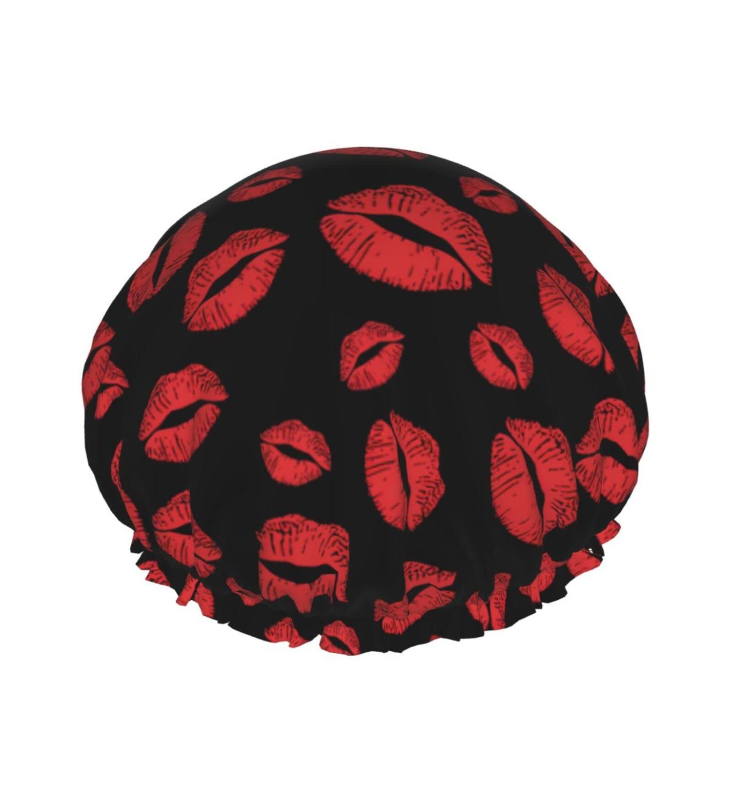 Red Lip Kiss Luxury Shower Cap - Waterproof & Reusable with Adjustable Elasticized Hem for Long Hair - Color 4 - Buy Online on GoSupps.com