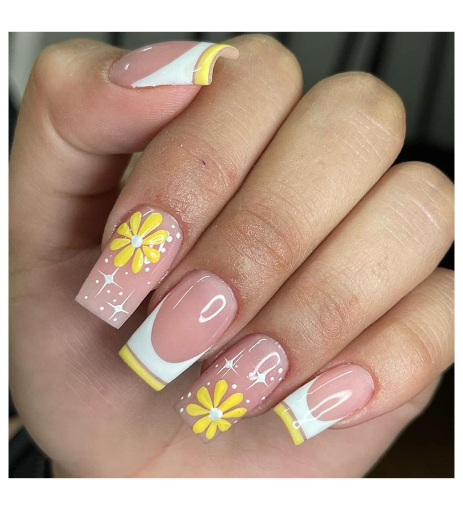 24Pcs Medium Square French Tip Yellow Flower Star Press on Nails | Acrylic False Nails for Women - Glossy Full Cover Design - Buy Online on GoSupps.com