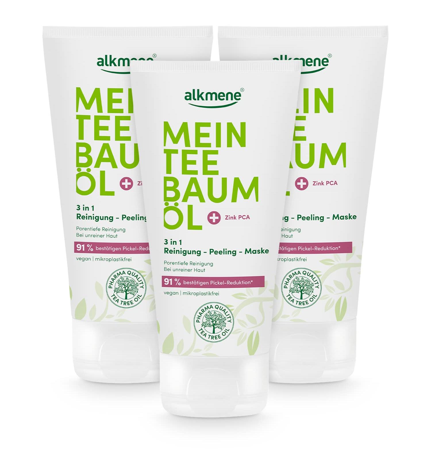 Alkmen Tea Tree Oil 3-in-1 Peeling Mask 3x150ml - Natural Pimple Reduction Vegan & Climate-Neutral Facial Peeling for Impure Skin - Buy Online on GoSupps.com