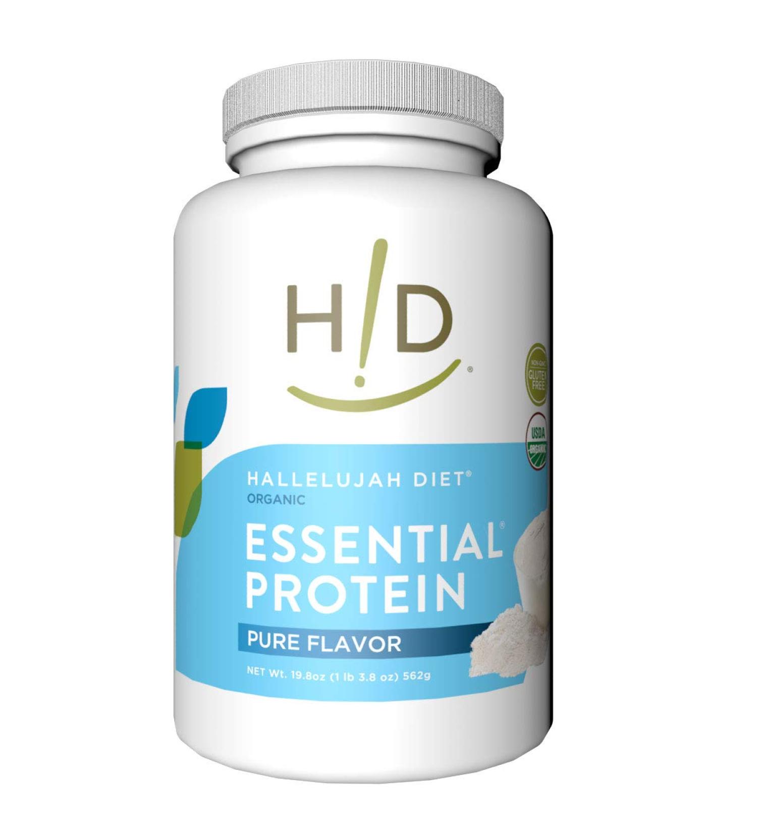 Hallelujah Diet Organic Essential Protein Powder - Pure - High in Protein and Minerals - 19.8oz (15 Servings)