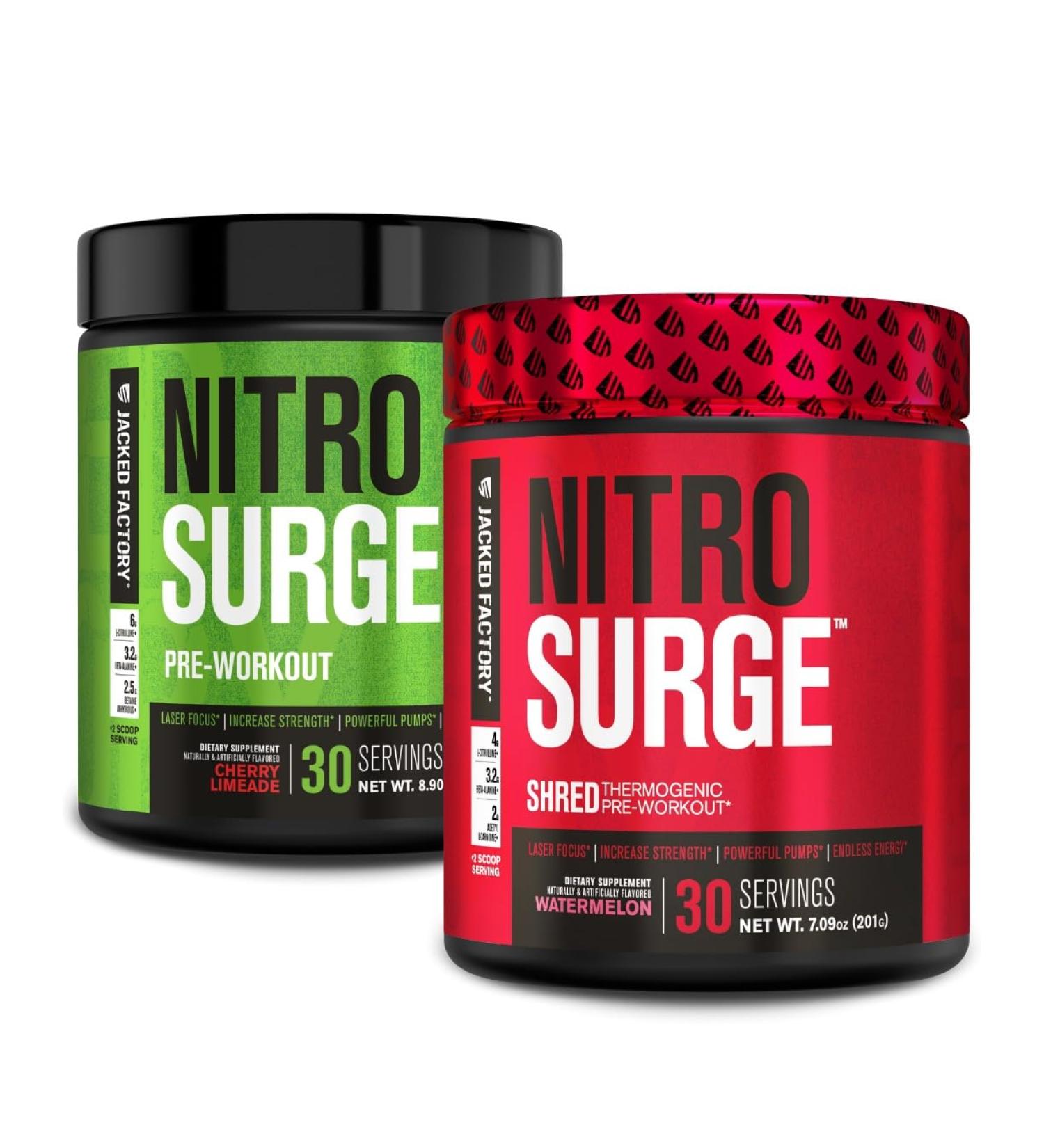 Jacked Factory Nitrosurge Pre-Workout in Cherry Limeade & Watermelon Nitrosurge Shred Thermogenic Pre-Workout for Men & Women - Buy Online on GoSupps.com