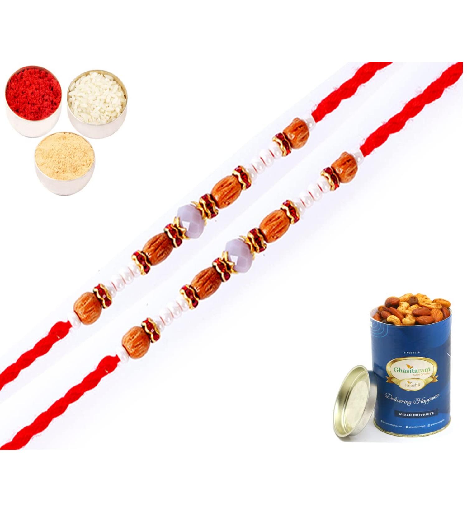 Ghasitaram Gifts Rakhi for Brother Rakhis Online - Set of 2-6332 Fancy Thread Rakhis with 100 GMS of Dryfruits Mix Can 2 Rakhi with 100 gms of Dryfruits Mix Can - Buy Online on GoSupps.com