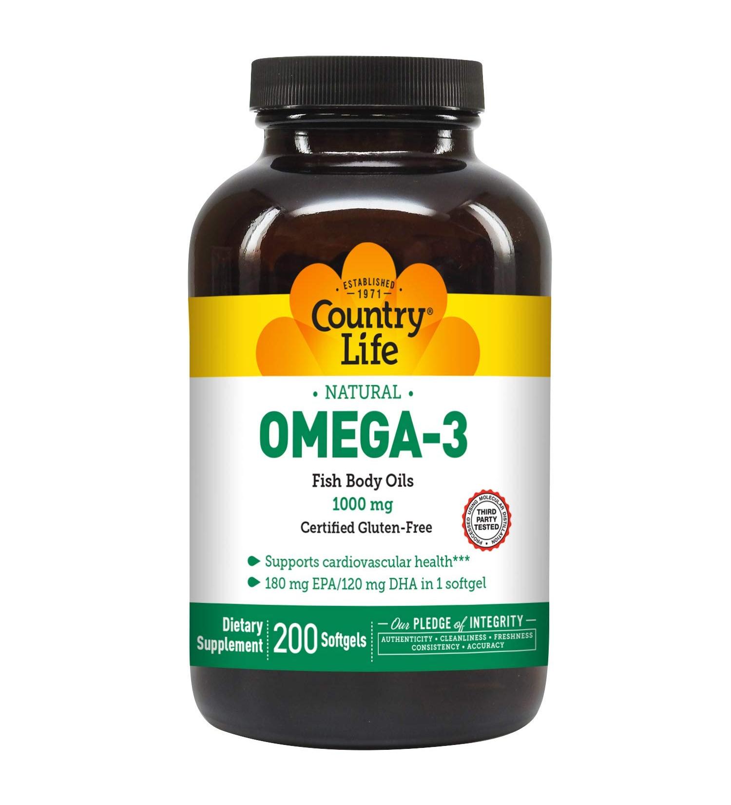 Country Life Natural Omega-3 1000 mg | 200 Softgels - Heart & Brain Health - Buy Online on GoSupps.com