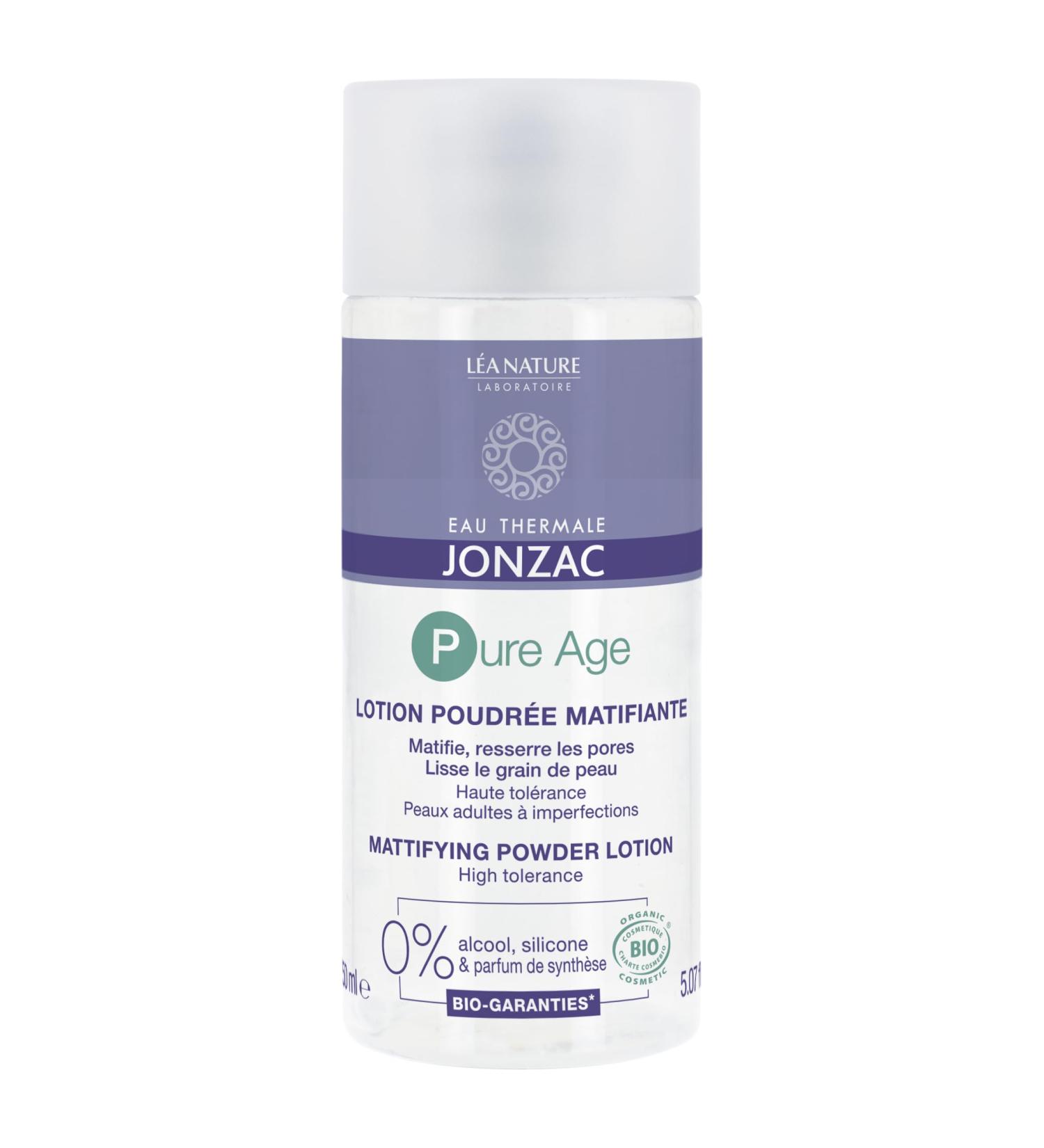 Eau Thermale Jonzac | Mattifying Powder Lotion Pure Age | Double action care: Anti-imperfections & Anti-aging | Smoothes skin texture | Mattifies | Tightens pores | Certified Organic | 150 ml - Buy Online on GoSupps.com