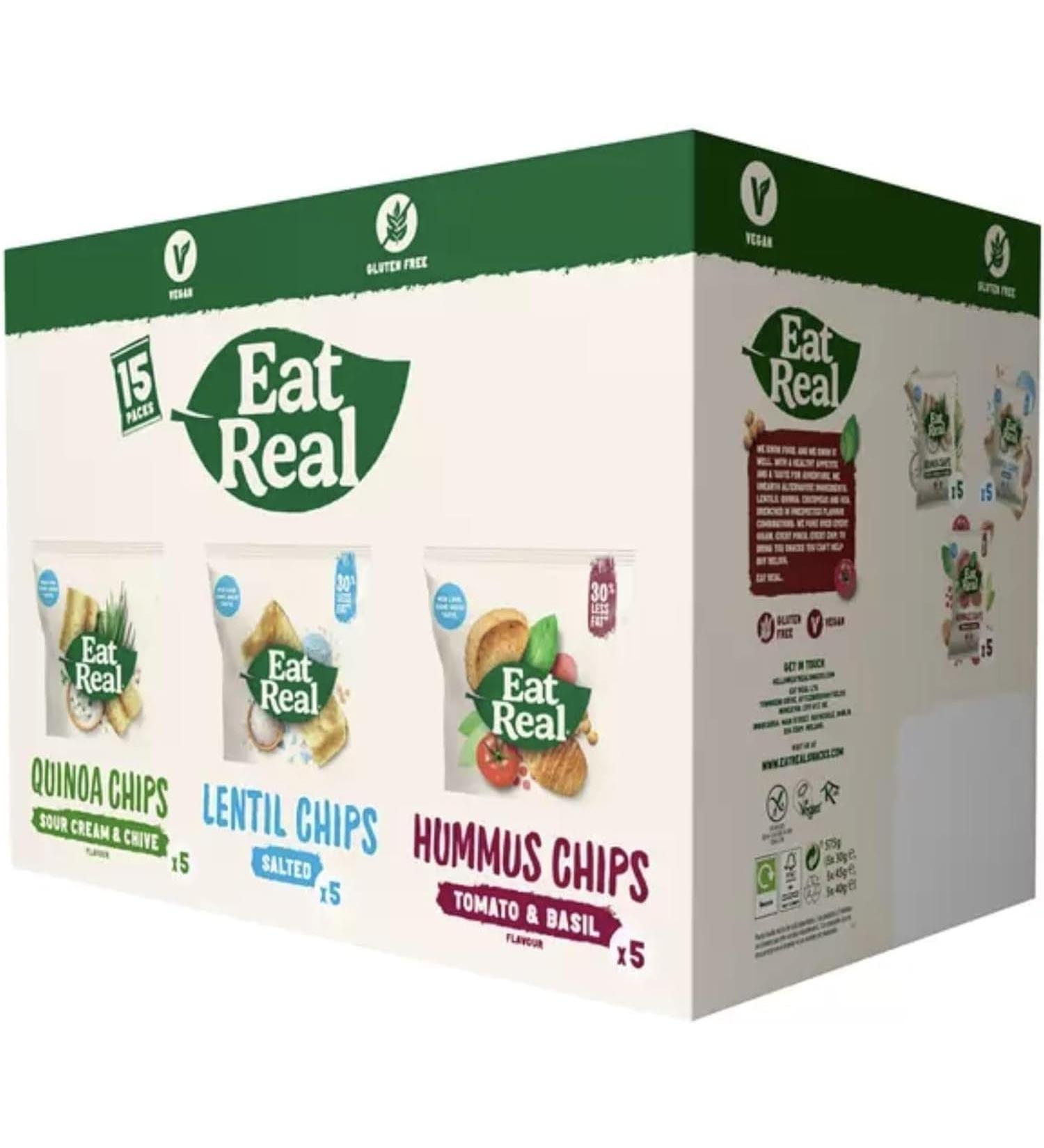 Eat Real Crisps Vegan & Healthy Snacks Variety Box - 15-Pack Quinoa Lentil and Hummus Chips - Buy Online on GoSupps.com