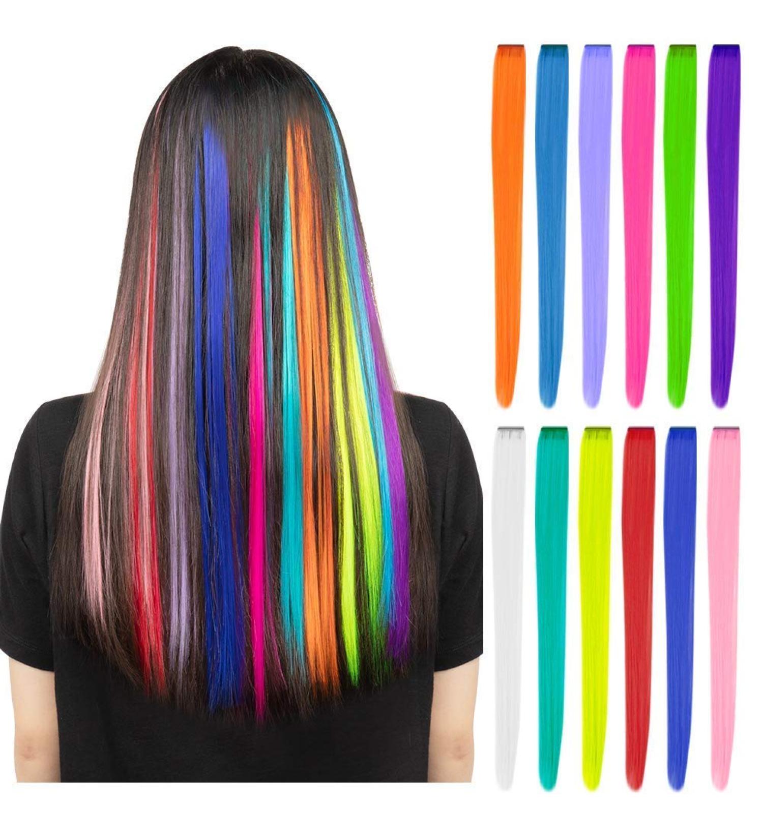 12 Pcs Rainbow Party Highlights 22 inch Clip in Hair Extensions - Colorful Synthetic Hairpieces for Women, Kids, and Girls - Buy Online on GoSupps.com