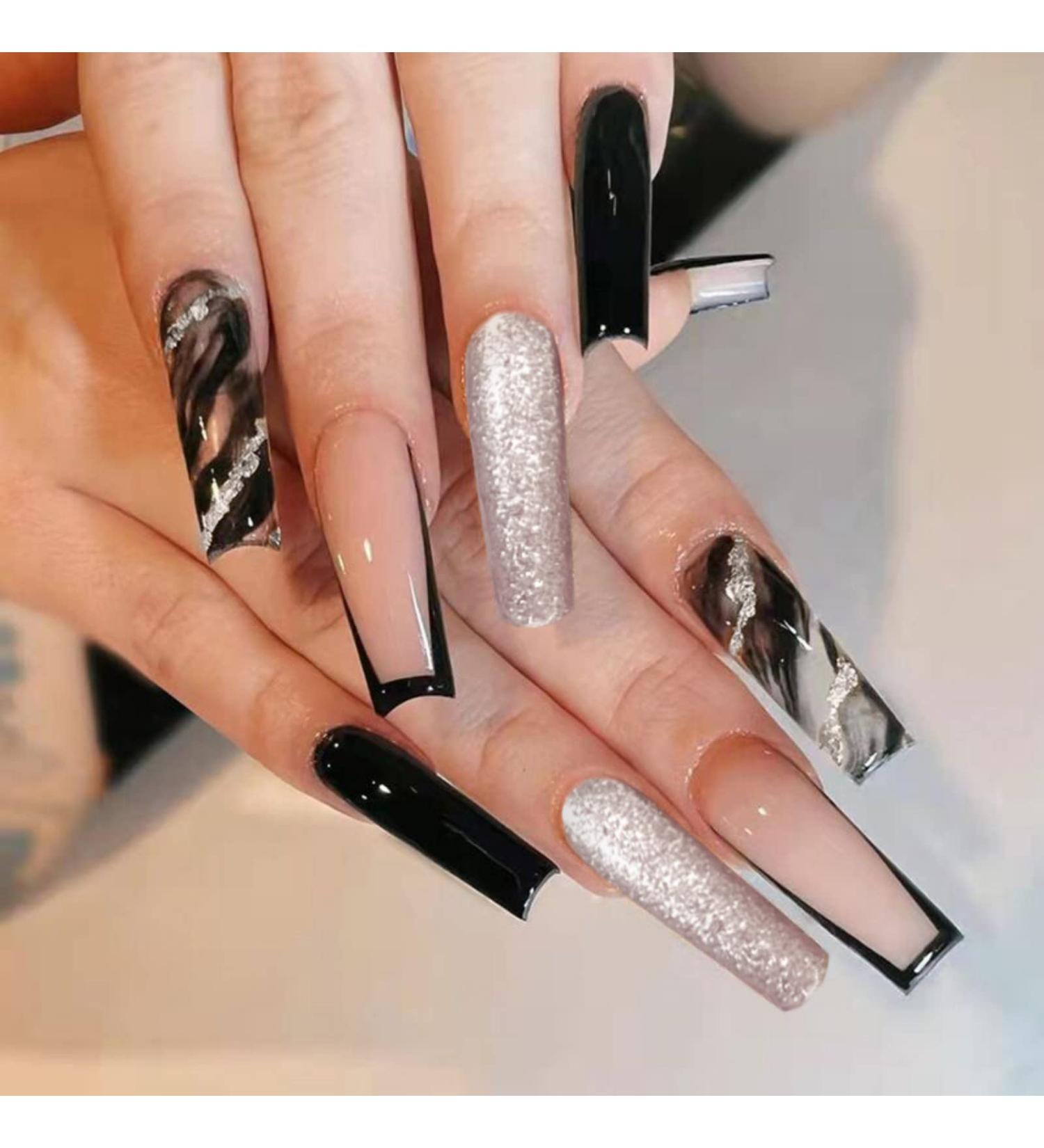 JUSTOTRY 24 pcs Leopard Fake Nails - Long Black French Press on Nails with Silvery Glitter for Women - Acrylic Coffin Medium False Nails with Glue for Nail Art - Buy Online on GoSupps.com