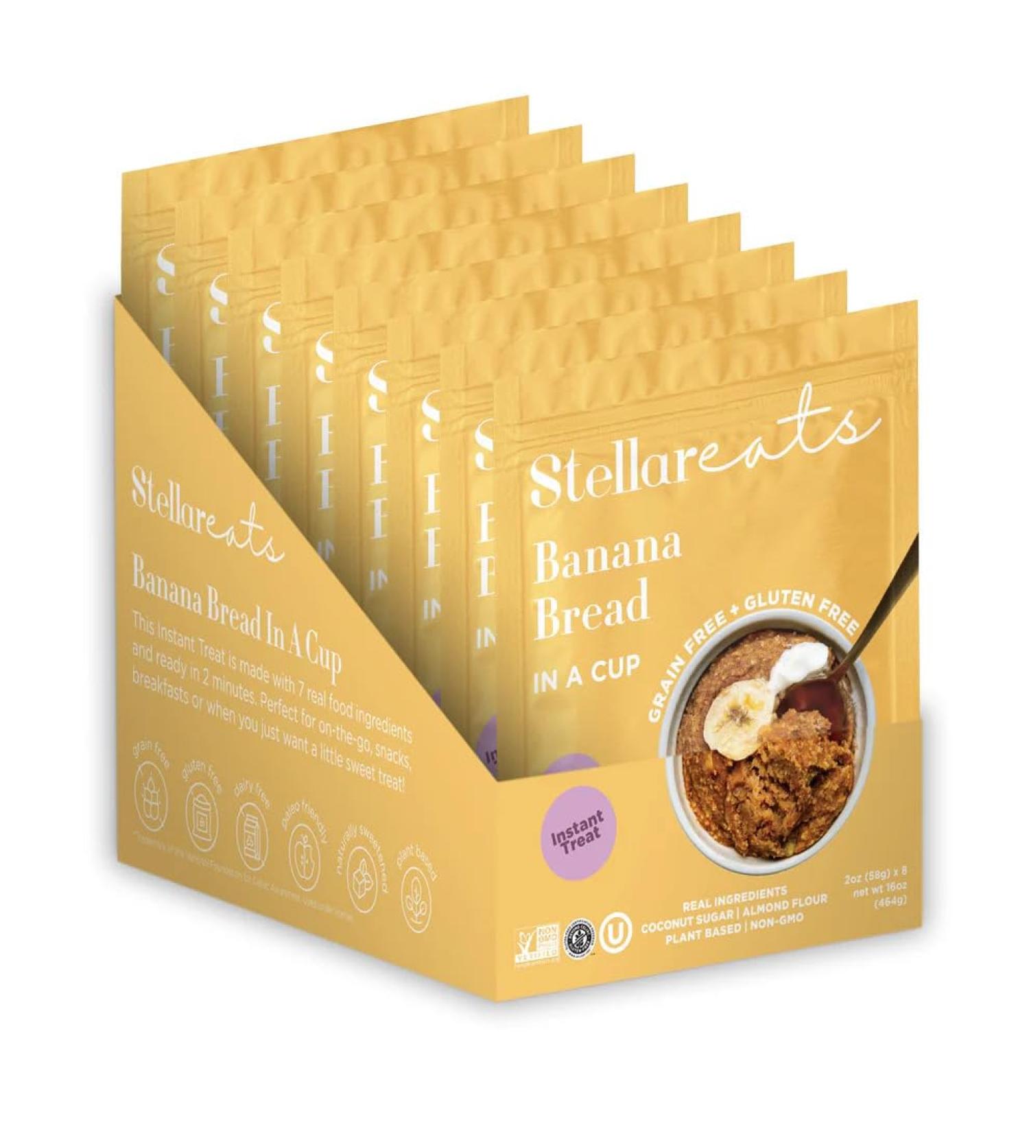 Stellar Eats Instant Treat in a Cup | Single-Serve | 8g Protein | Grain-Free Gluten-Free Dairy-Free Plant-Based Paleo-Friendly | Microwave in 1-2 Minutes | Made with 7 Real Ingredients | Non-GMO Kosher (Banana Bread 8 Pack) - Buy Online on GoSupps.com