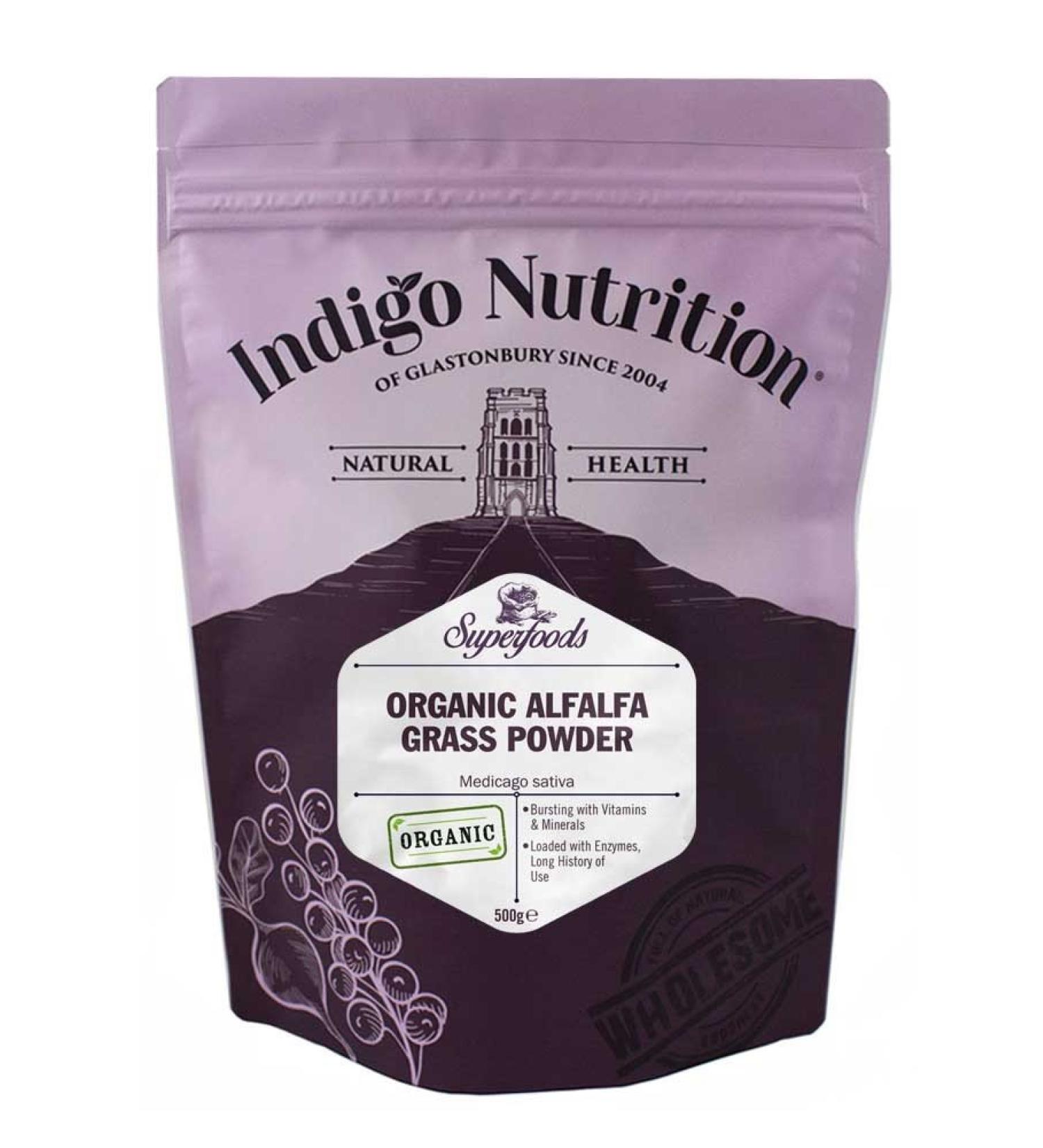 Indigo Herbs Organic Alfalfa Leaf Powder 500g - Pure and Nutrient-Rich Superfood - Buy Online on GoSupps.com