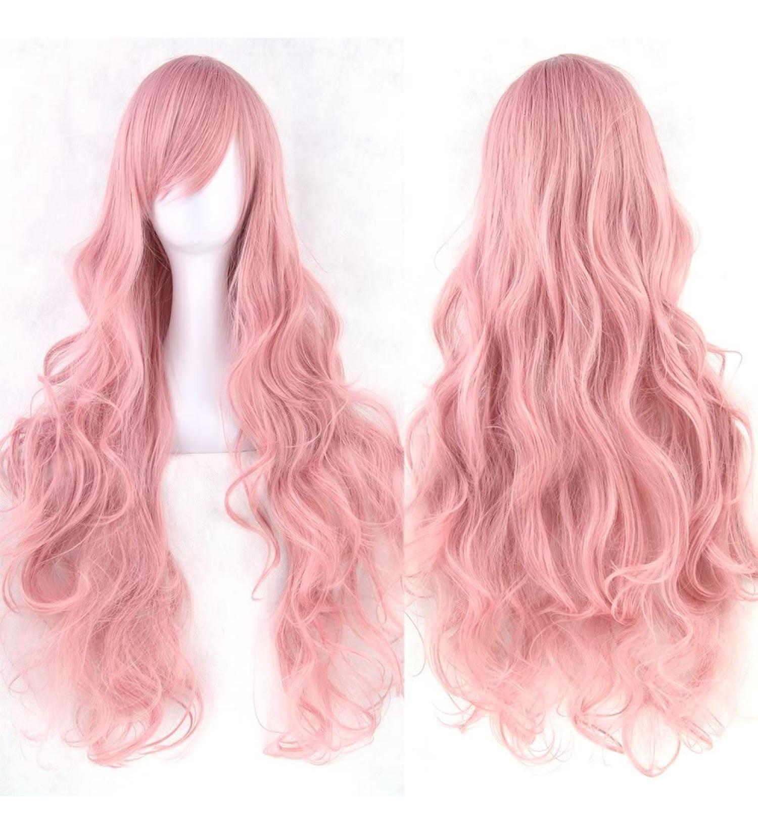 YEESHEDO 32 Inch Long Wavy Curly Cosplay Wig with Bangs - Heat Resistant Synthetic Hair for Women - Pink - Buy Online on GoSupps.com