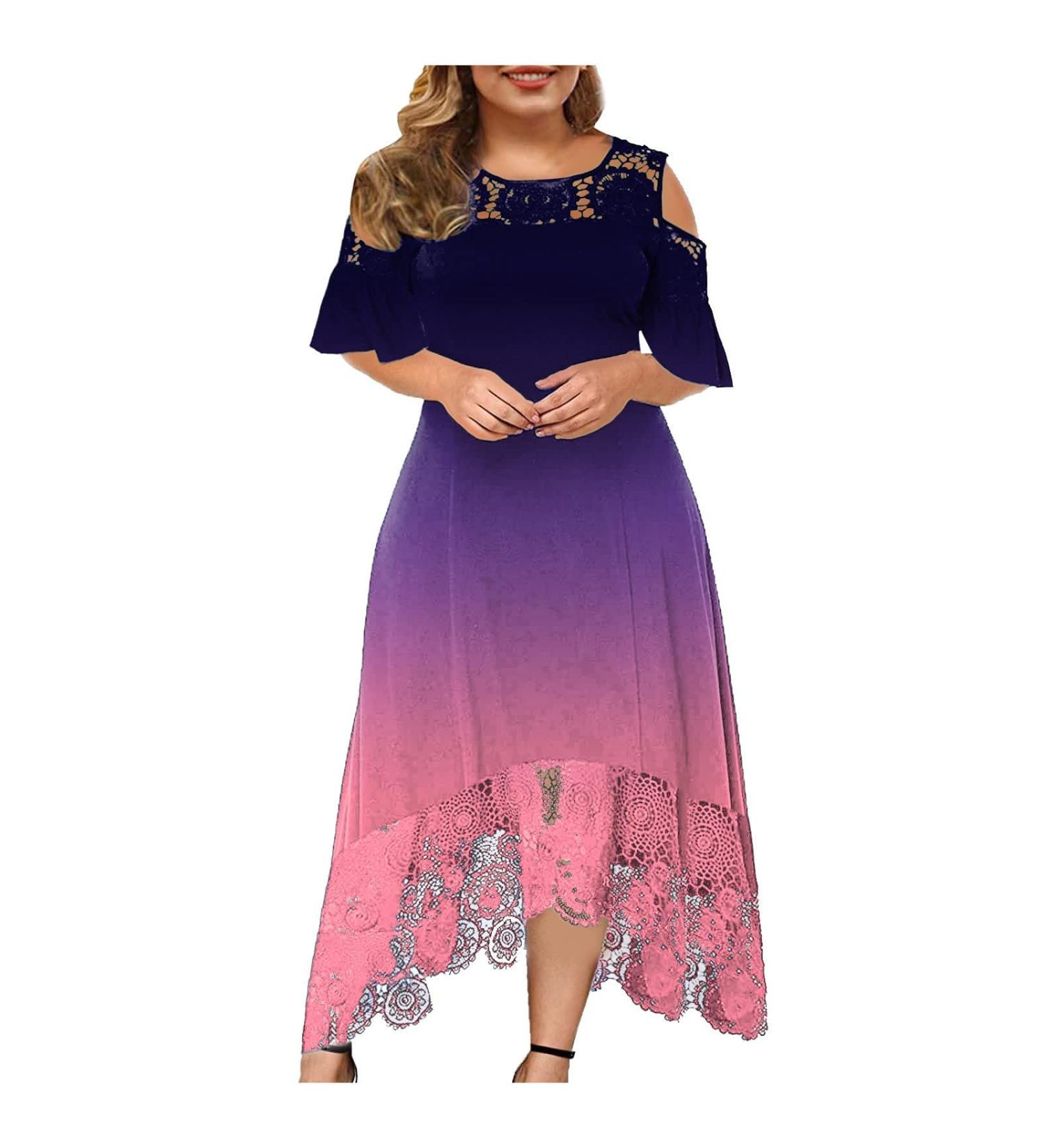 Plus Size Summer Dress for Women - Gradient Print, Lace Detail, Short Sleeve, Loose Fit - 3X-Large Purple - Buy Online on GoSupps.com