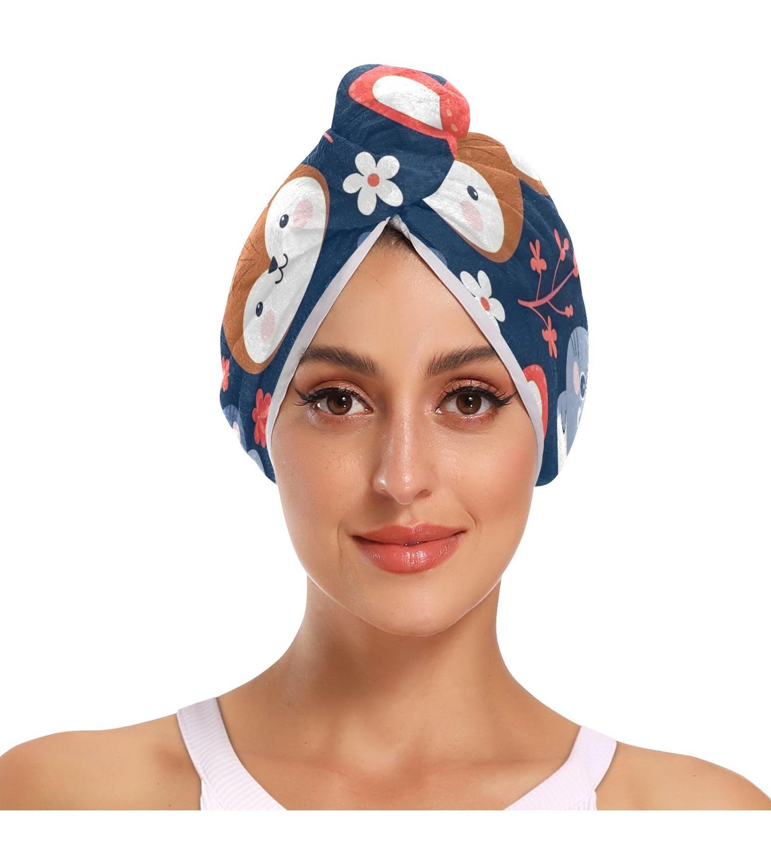 Cute Funny Animals Hair Towel 2 Pack | Super Absorbent Quick Dry Hair Turbans for Women & Girls - Buy Online on GoSupps.com