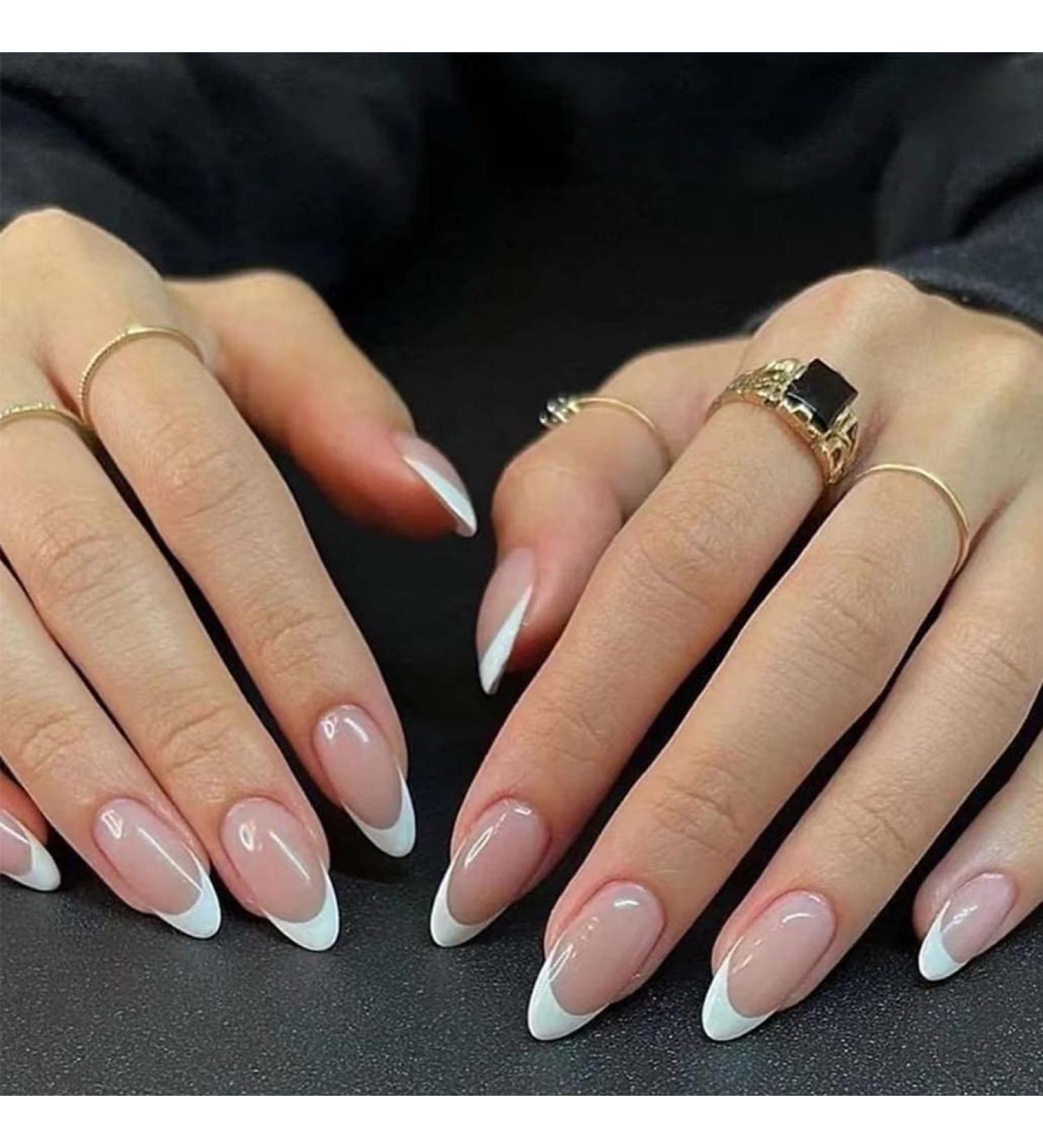 Foccna White Almond Press on Fake Nails - 24pcs Medium Glossy French False Nails for Women's Daily Wear and Nail Art Manicure Decoration - Buy Online on GoSupps.com