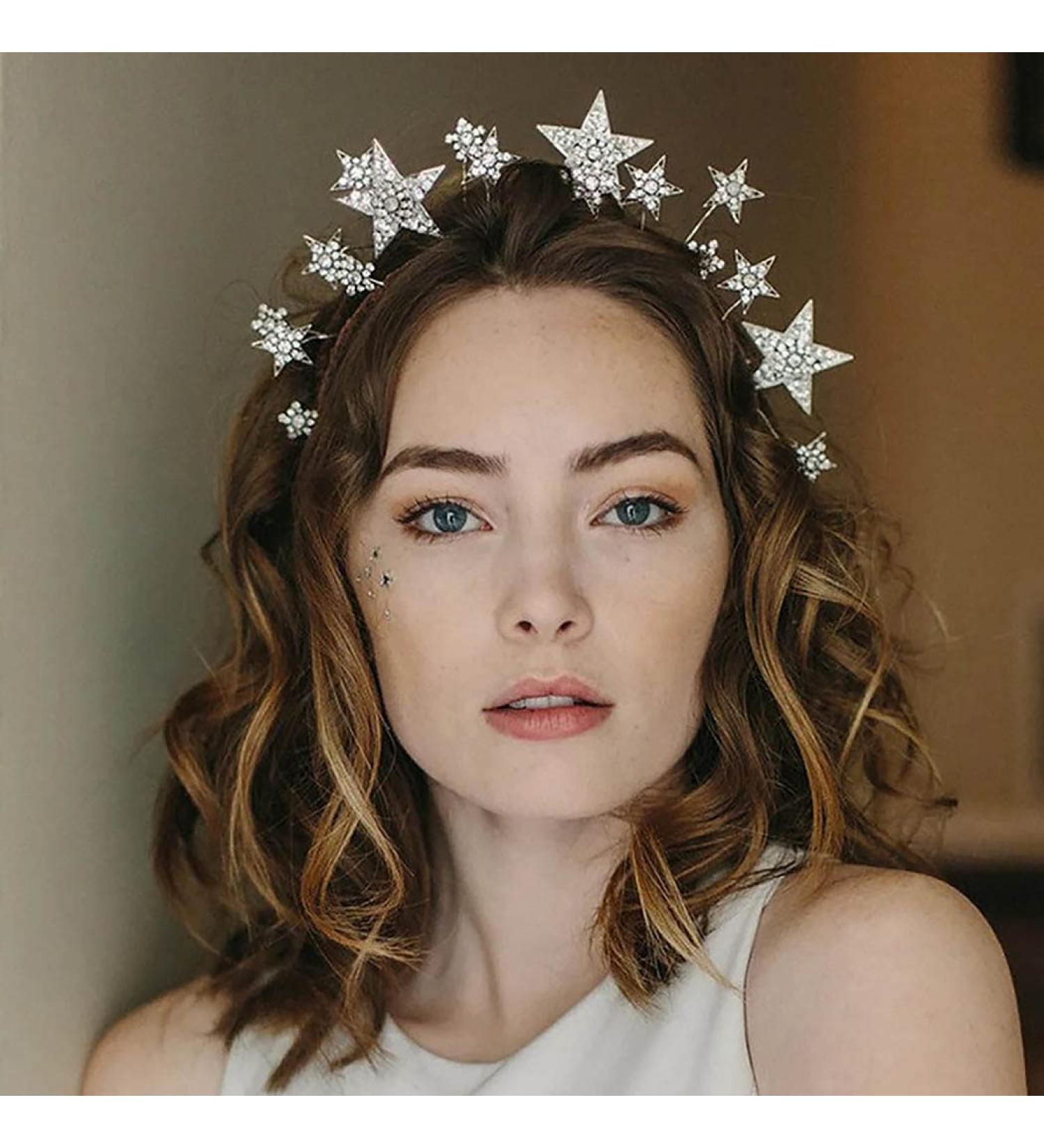 Cakure Silver Crystal Stars Halo Crown - Bridal Tiara for Goddesses and Brides | Rhinestone Headpiece for Wedding and Parties - Women/Girls Hair Accessory - Buy Online on GoSupps.com