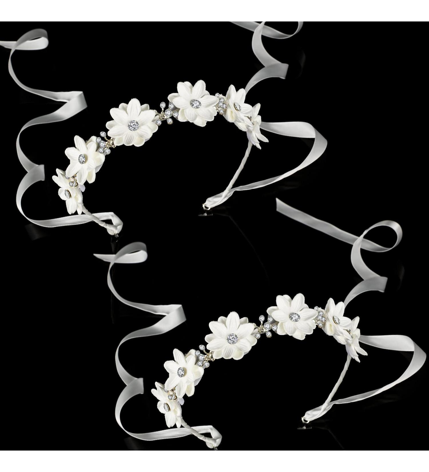 Syhood 2-Piece Elegant White Flower Headband with Ribbon and Rhinestones for Girls - Perfect for Weddings, Parties, and Special Occasions - Buy Online on GoSupps.com