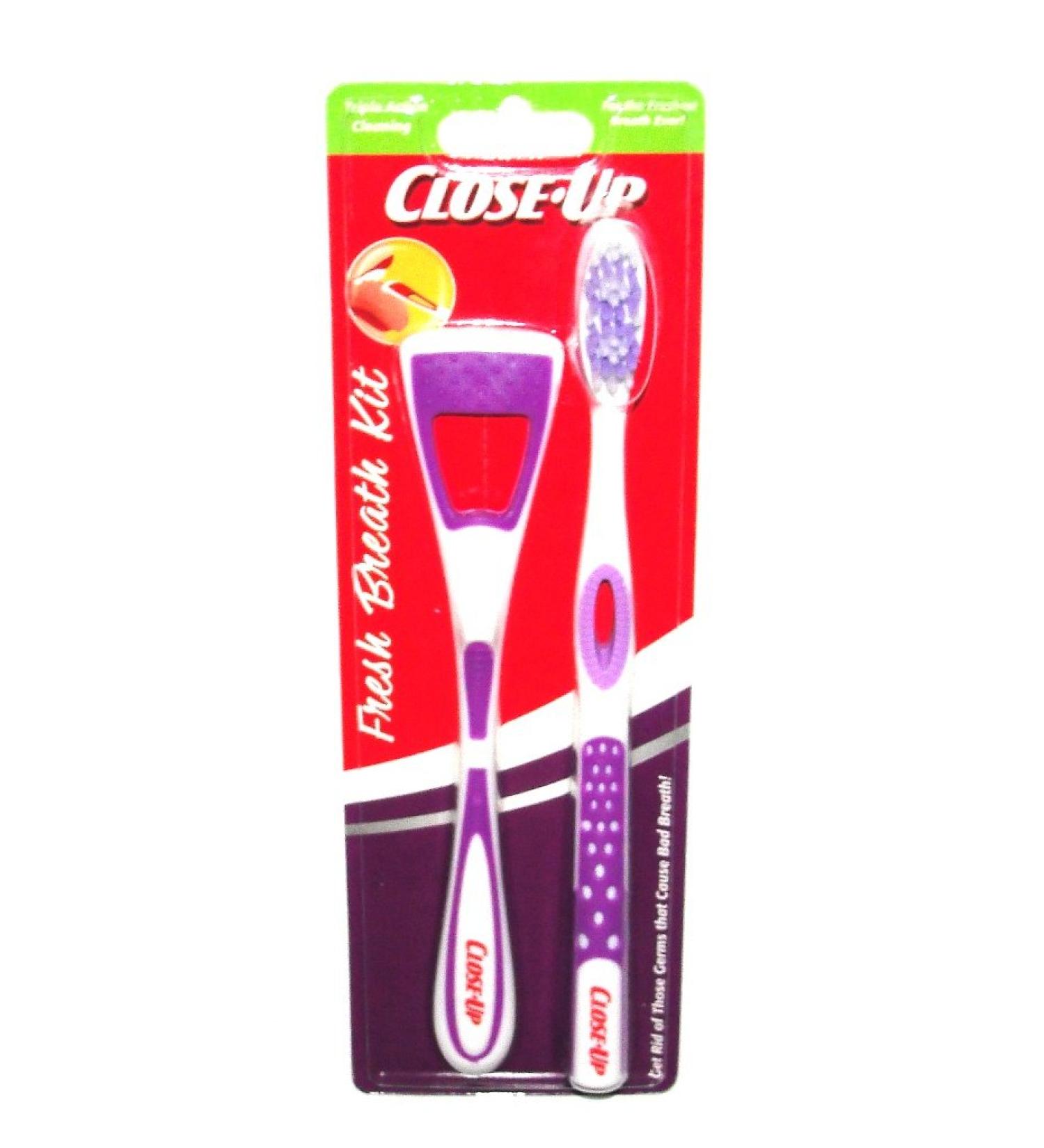 Close Up Fresh Breath Tongue Teeth & Cheeks Triple Action Soft Bristles Purple Cleaning Kit