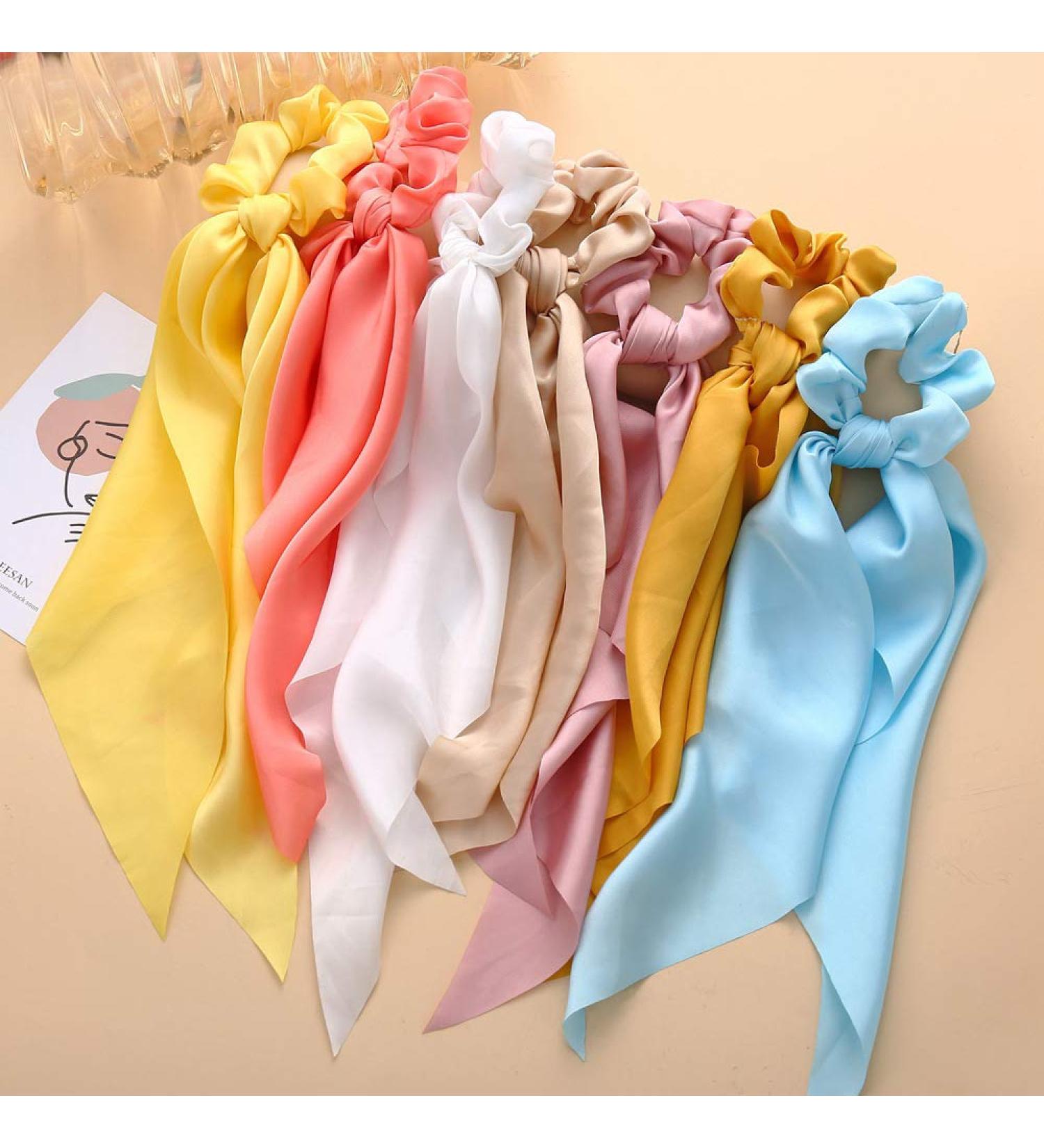 Hair Scarf Scrunchies Set - 7pcs Silky Bowknot Hair Ribbon Ties in Pink/White/Blue/Yellow for Women and Girls - Buy Online on GoSupps.com