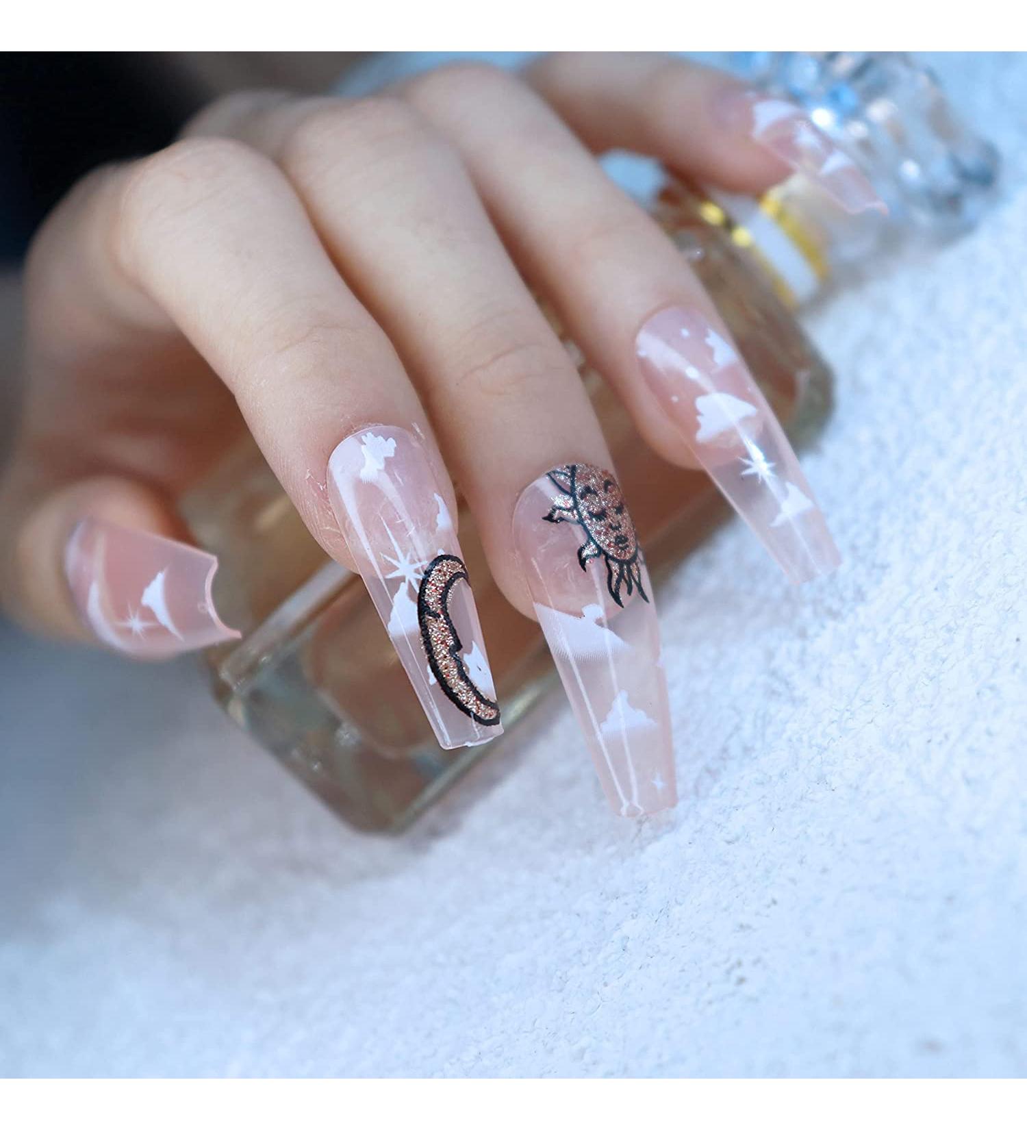 Buy French Fake Nails: Long Shiny Coffin Press On Acrylic Nails - 24pcs Sun & Moon Design for Women & Girls | International Shipping - Buy Online on GoSupps.com