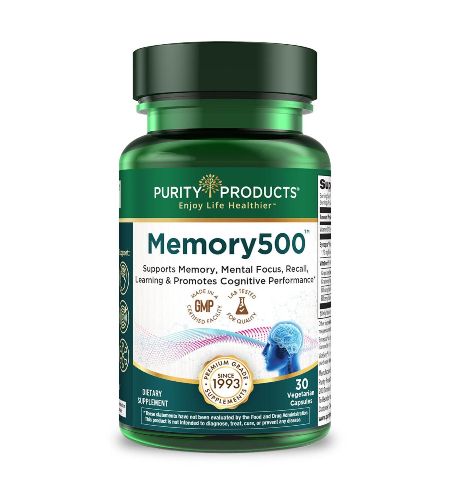 Purity Products Memory500 Bacopa monniera/Brahmi Elite Nootropic Complex - Supports Peak Cognitive Performance*, Increased Learning Speed* and Healthy Memory & Recall* - 30 Vegetarian Caps 30 Count (Pack of 1) - Buy Online on GoSupps.com
