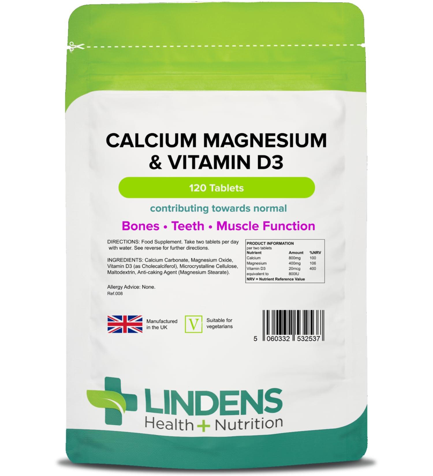 Lindens - Calcium Magnesium & Vitamin D - 120 Tablets - UK Made - Contributes to Normal Bone Teeth Muscle & Immune Function Reduce Tiredness & Fatigue - Letterbox Friendly